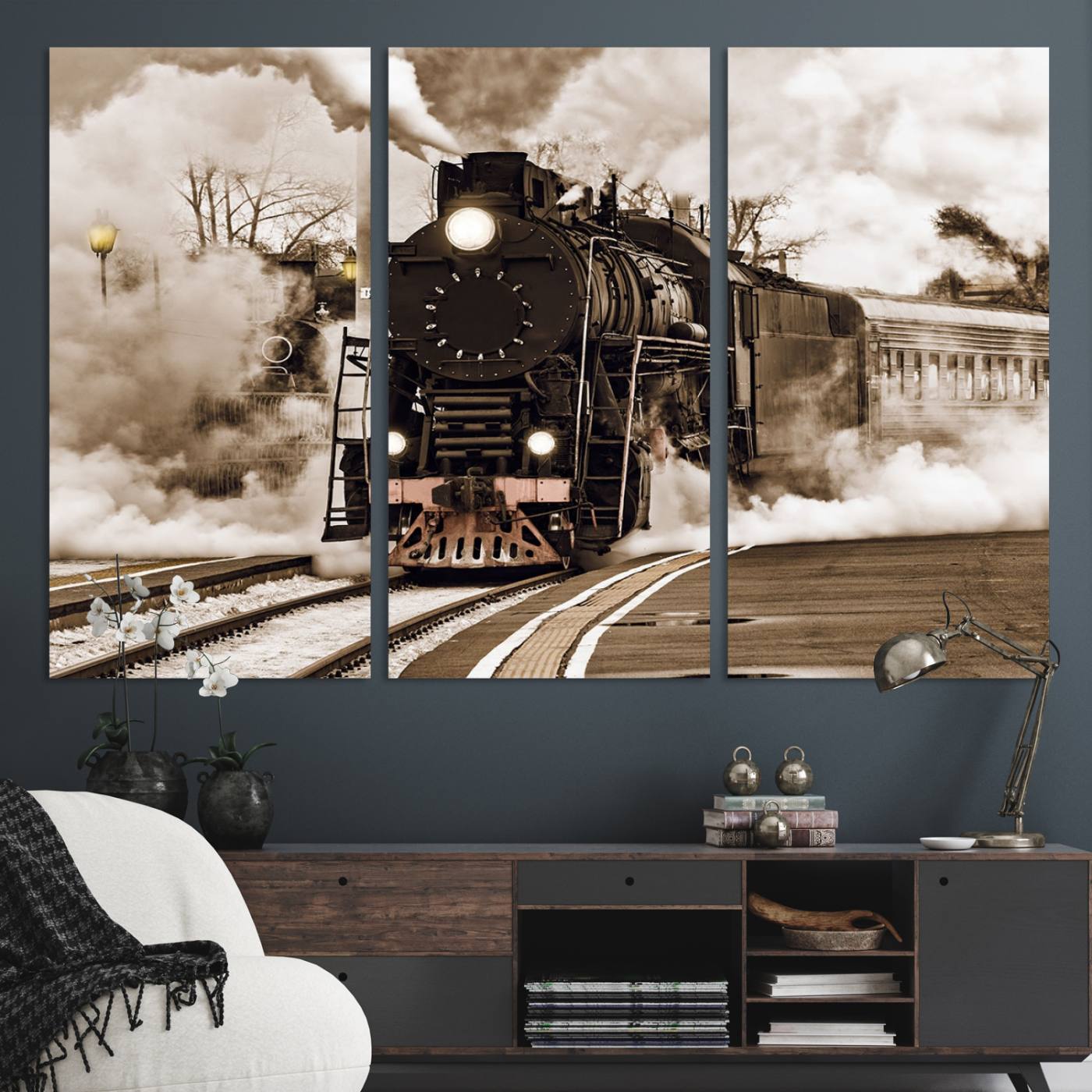 31136-MGV-CV-48X32-3P-Black Steam Train Canvas Wall Art Print Steam Locomotive Art Canvas