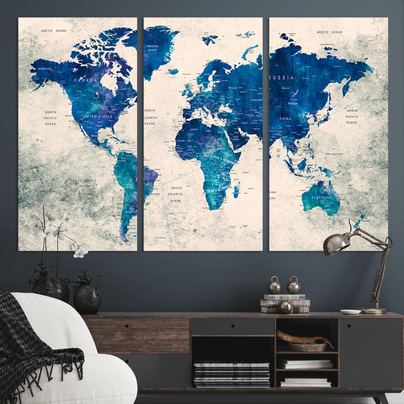 43947-MGV-CV-36X24-Blue Watercolor World Map Canvas Print – Framed Modern Wall Art, Elegant Push Pin Travel Map Decor for Home Office or Living Room