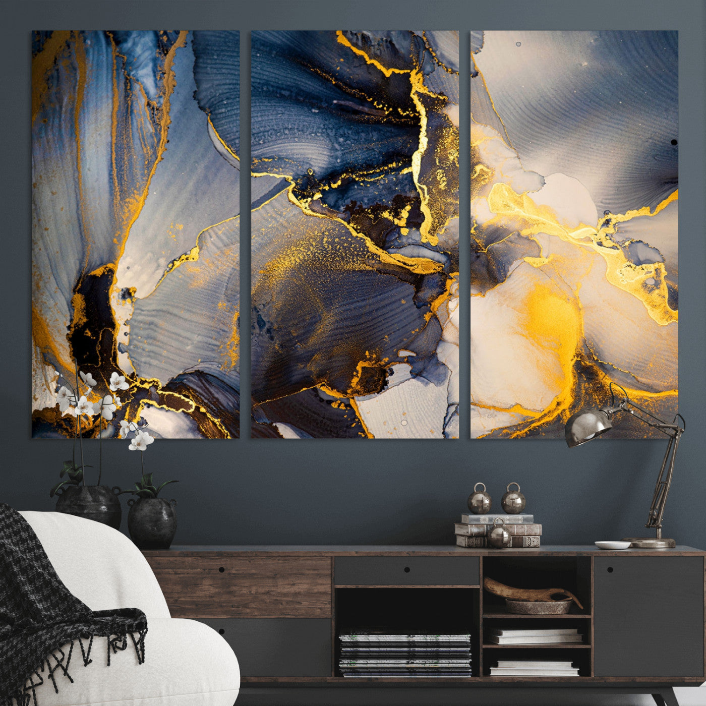42100-MGV-CV-36X24-Large Abstract Wall Art Print - Gold and Blue Abstract Canvas Wall Art | Fluid Ink Modern Luxury