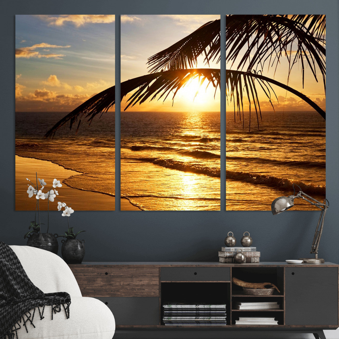 -Golden Tropical Beach Sunset Canvas Triptych, Coastal Palm Tree Wall Art, Ocean Shoreline Giclee