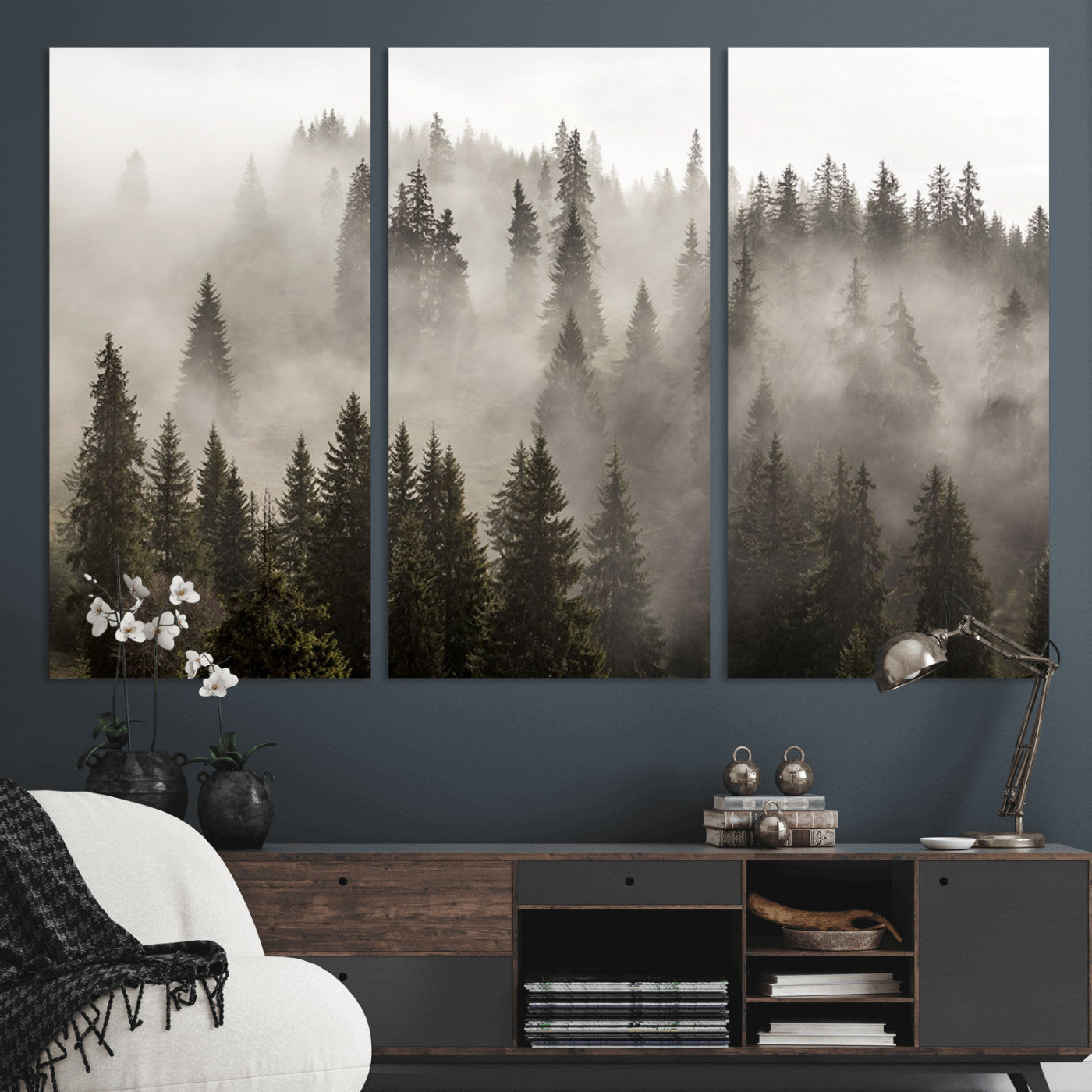 62862-MGV-CV-36X24-Foggy Mountain Wall Art | 3-Panel Foggy Forest and Mountain Landscape | Large Giclee Print for