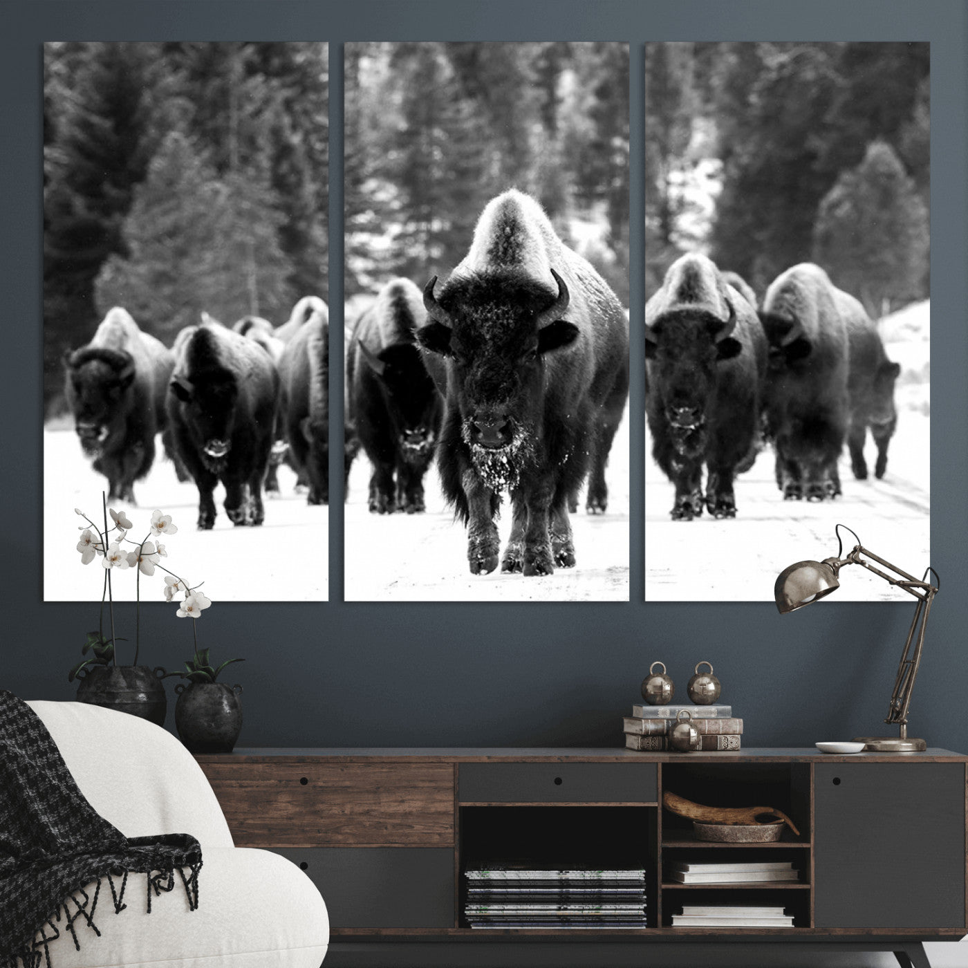 62434-MGV-CV-36X24-Bison Herd in Snow Wall Art Canvas Print | Rustic Western Bison Wall Art for Decor for Living Room,