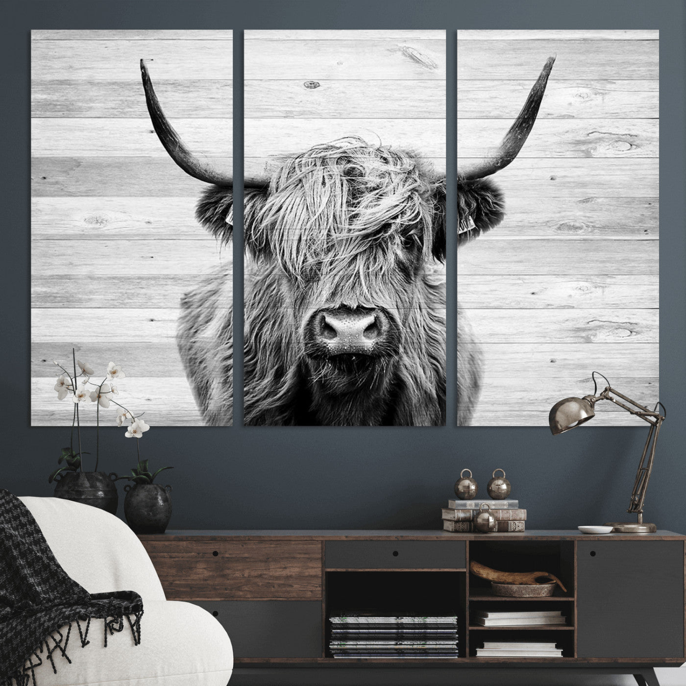 14634-MGV-CV-36X24-Scottish Highland Cow Cattle Art Print on Wood Background Style, Scottish Highland Cow Wall Art