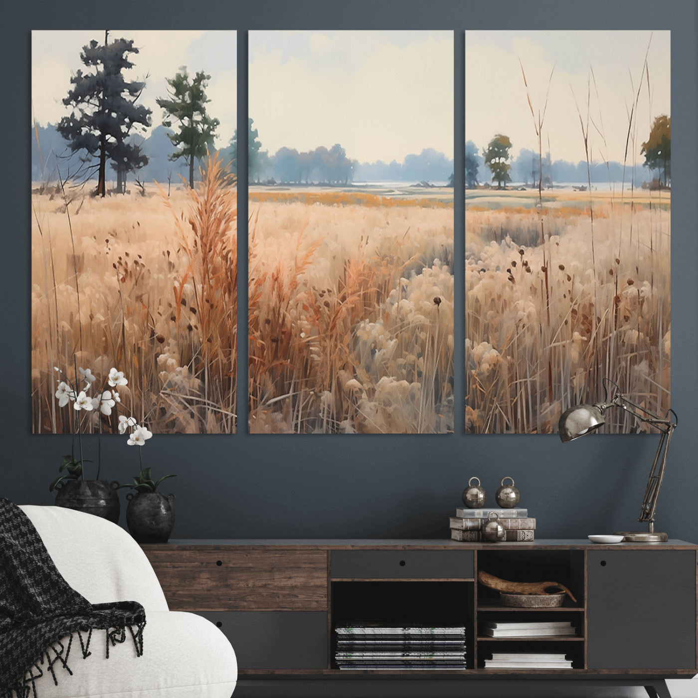 98822-MGV-CV-36X24-Golden Fields Canvas Wall Art Print – Serene Landscape of Nature’s Tranquility in Minimalist Modern