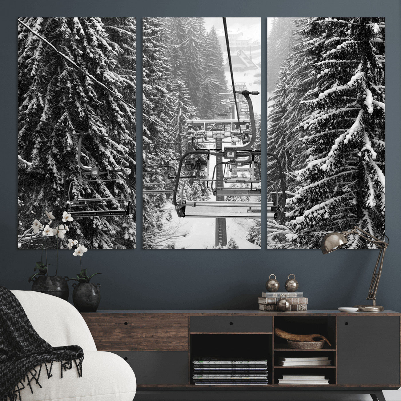 19240-MGV-CV-36X24-Winter Ski Lift Black and White Canvas Wall Art – Alpine Escape in Minimalist Style – Winter Ski