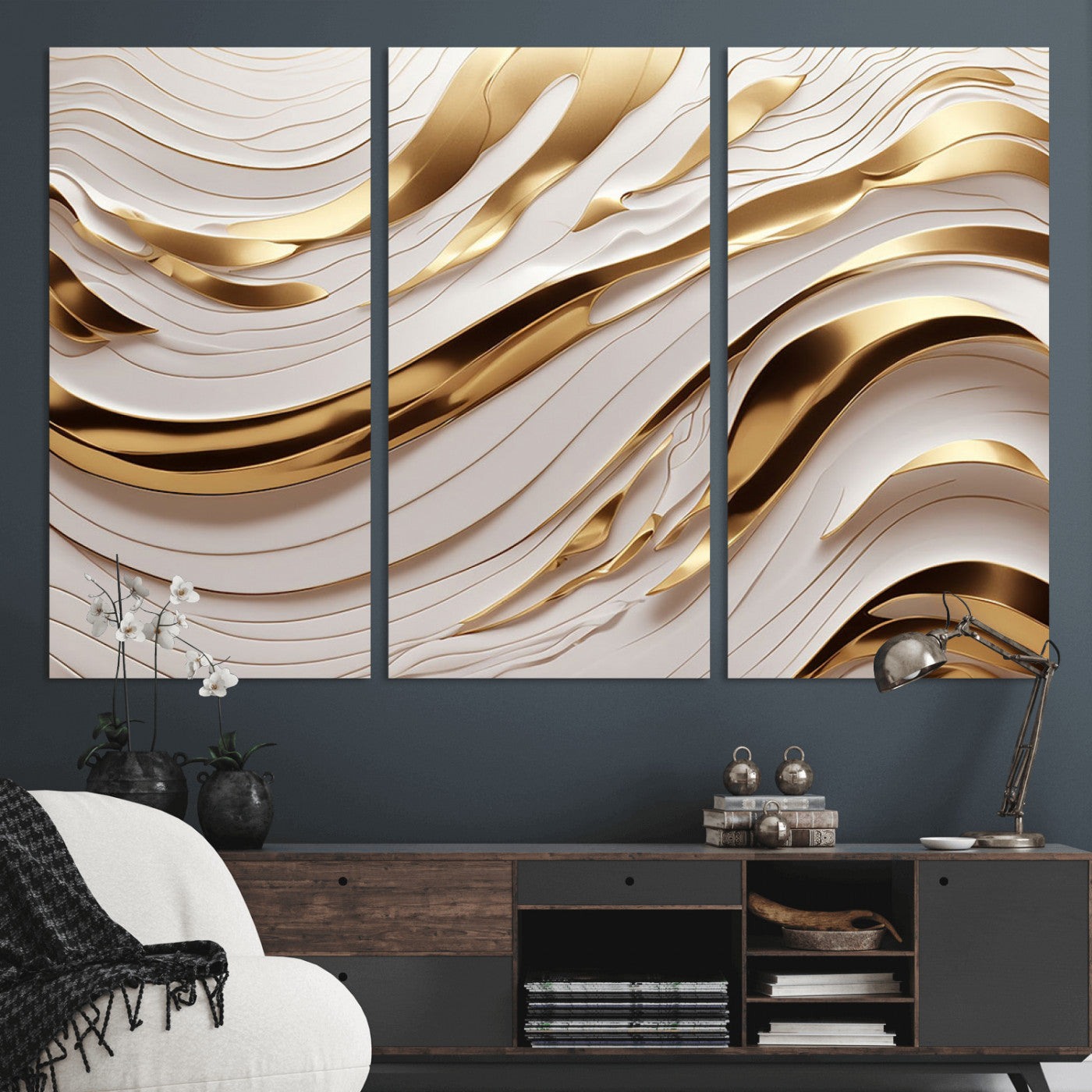 81197-MGV-CV-36X24-Gold and White Abstract Wave Canvas – Elegant Flowing Design with Luxurious Golden Accents –