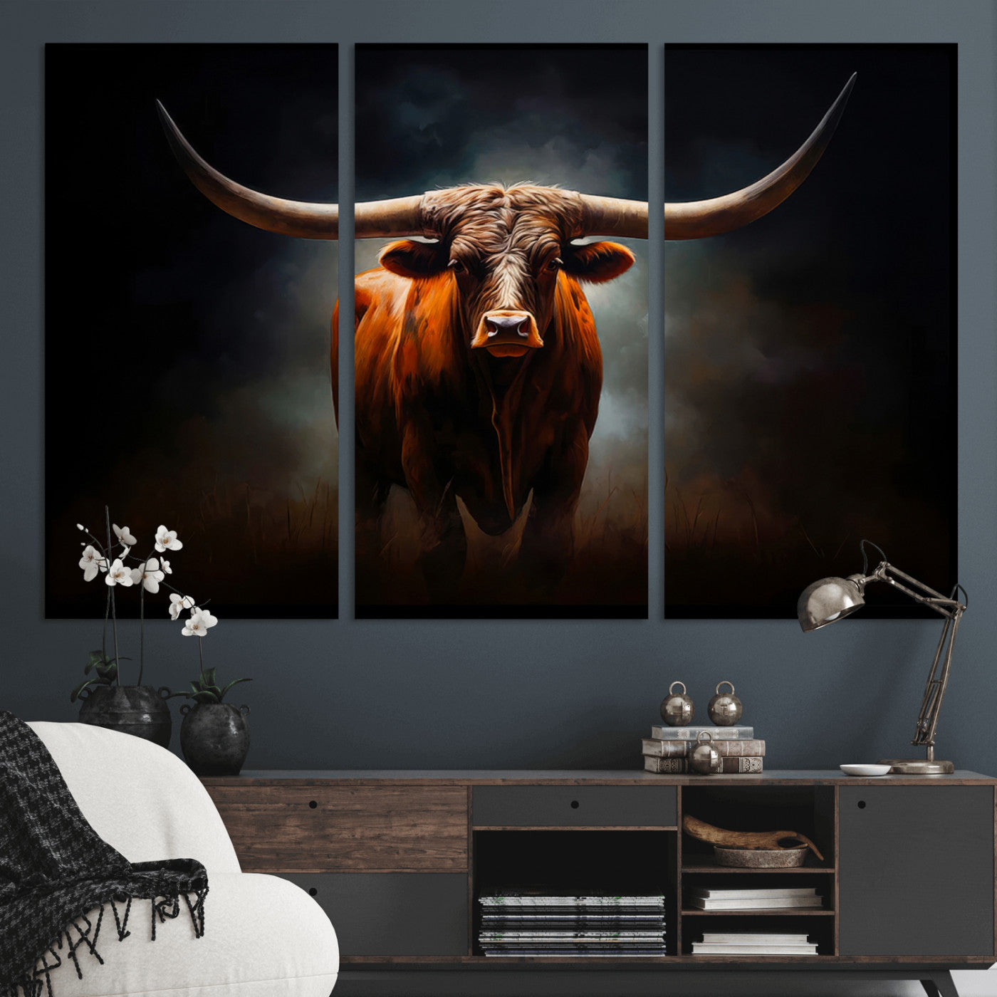 48896-MGV-CV-36X24 - Abstract Texas Longhorn Wall Art Print | 3-Panel Large Texas Longhorn Canvas Print for Living Room,