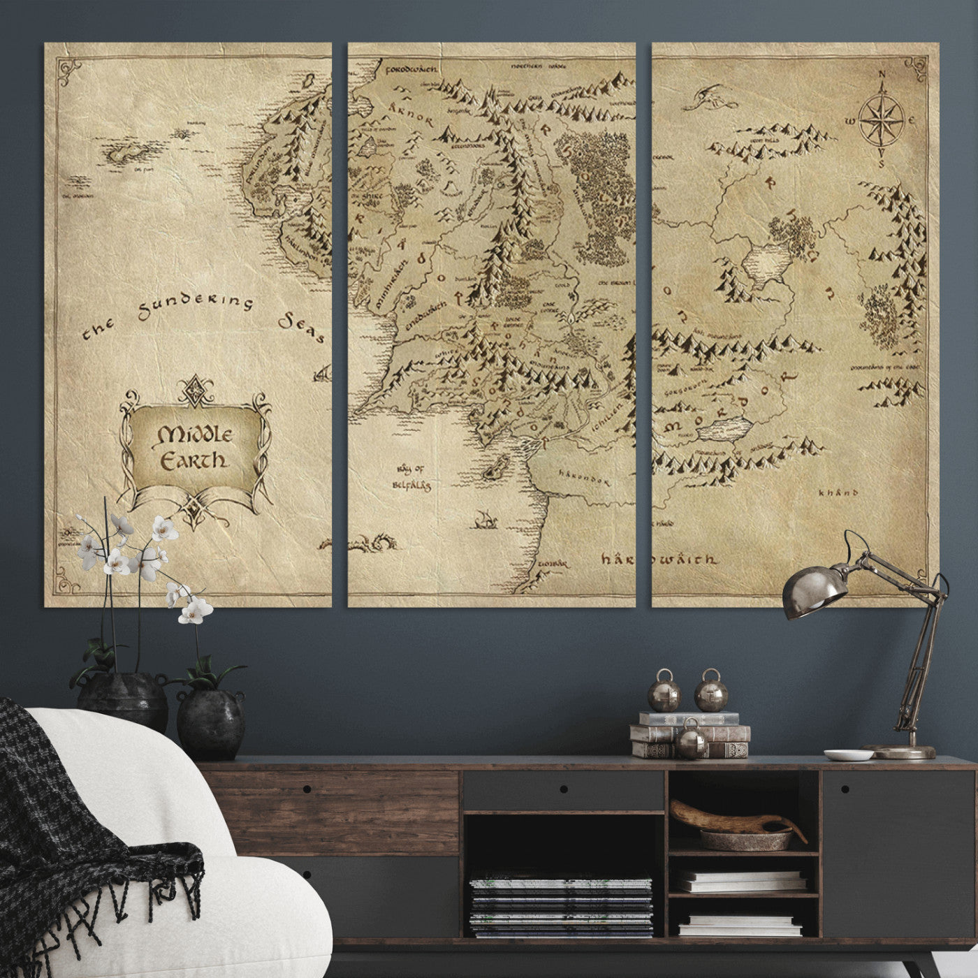 21784-MGV-CV-36X24-Vintage Middle Earth Map Wall Art Canvas – Lord of the Rings Inspired Framed Map Print, Classic Fantasy Decor for Home, Office