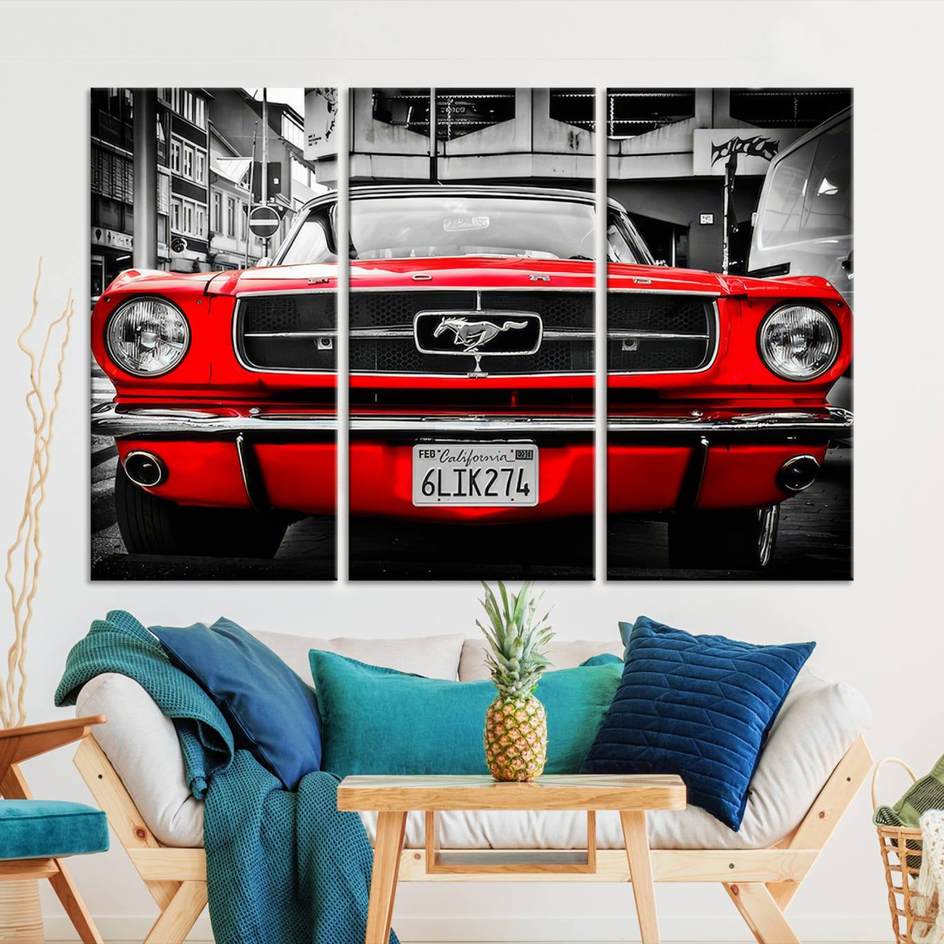 20365-MGV-CV-48X32-3P-Red Mustang Car Wall Art – Framed Classic Vehicle Canvas Artwork, Black White Urban Design, Decor for Home, Office