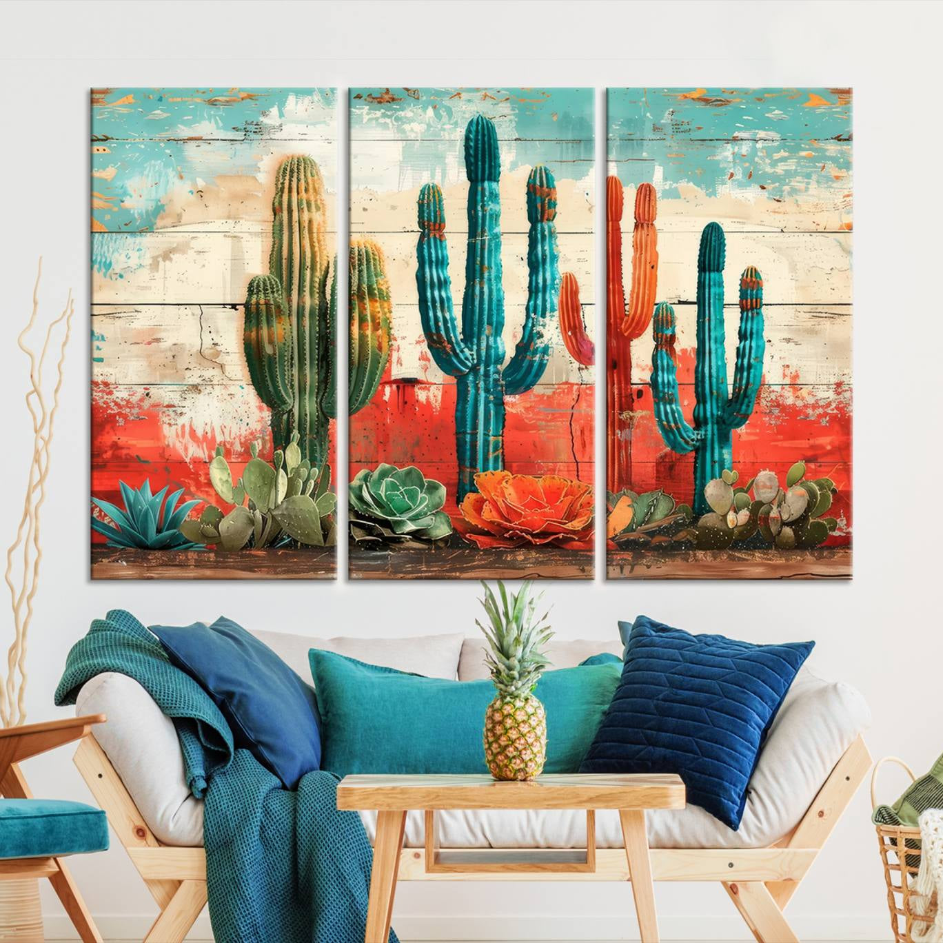 A vivid southwestern-style artwork featuring an eclectic mix of cacti and succulents painted against a textured, rustic wood backdrop in rich turquoise, red, and orange hues.