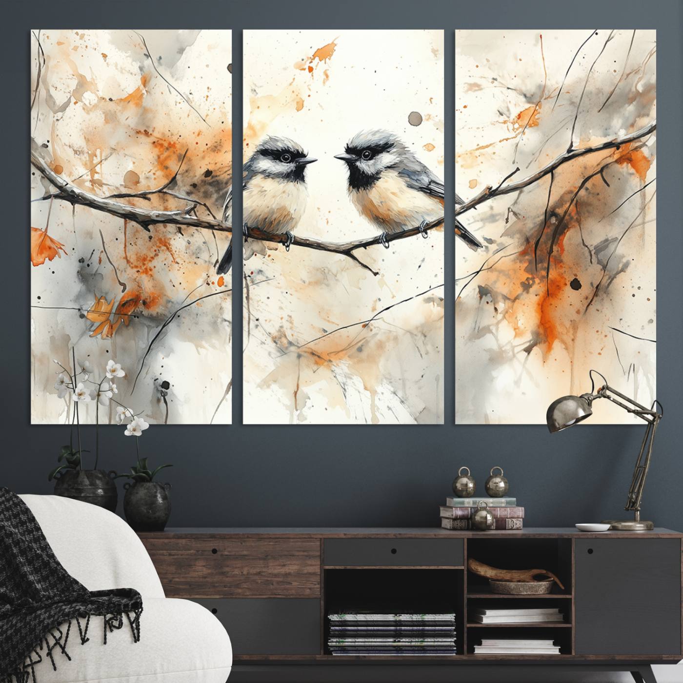98244-MGV-CV-48X32-3P-Beautiful Birds Wall Art – Framed Watercolor Branch Canvas Artwork, Elegant Nature Design, Vibrant Decor for Home, Office