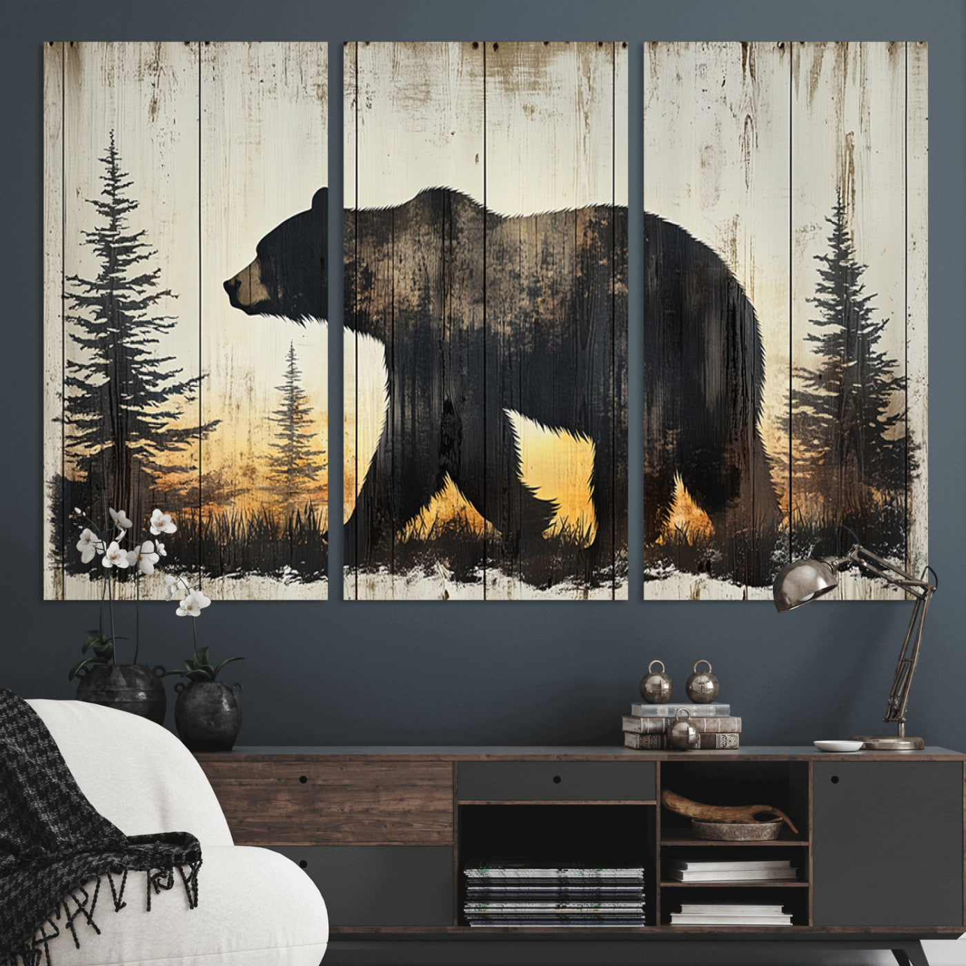 83875-MGV-CV-36X24-Vintage Bear Wall Art Canvas Print for Farmhouse - Mountain Wood Canvas Wall Art - Forest Silhouette