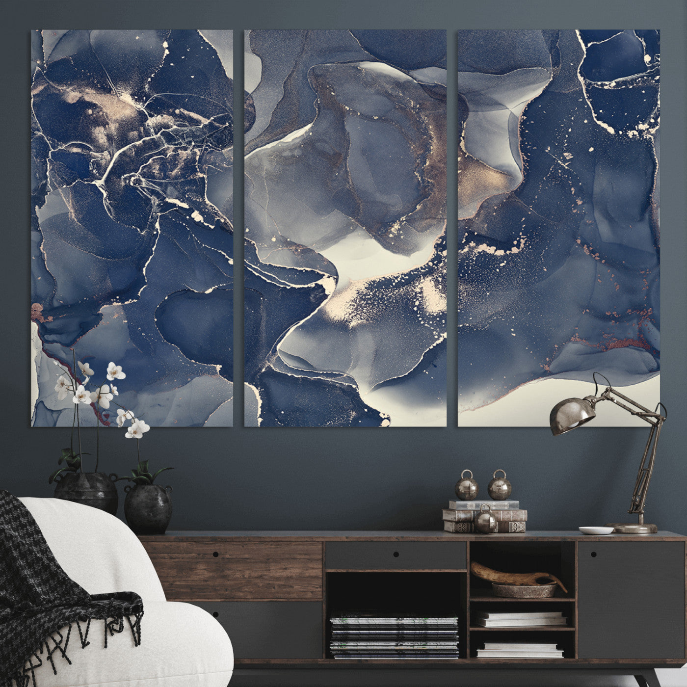 28282-MGV-CV-48X32-3P-Large Abstract Blue and Gold Canvas Wall Art | Fluid Ink Artwork Print | Luxury Wall Decor for