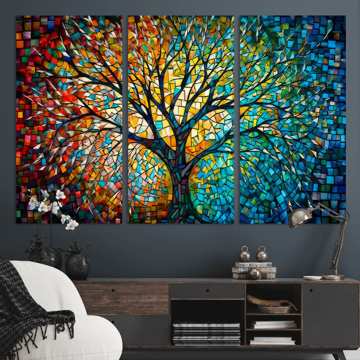 99325-MGV-CV-36X24 - Yggdrasil Tree of Life Wall Art Print Canvas | Mosaic Style 3-Panel Canvas Print