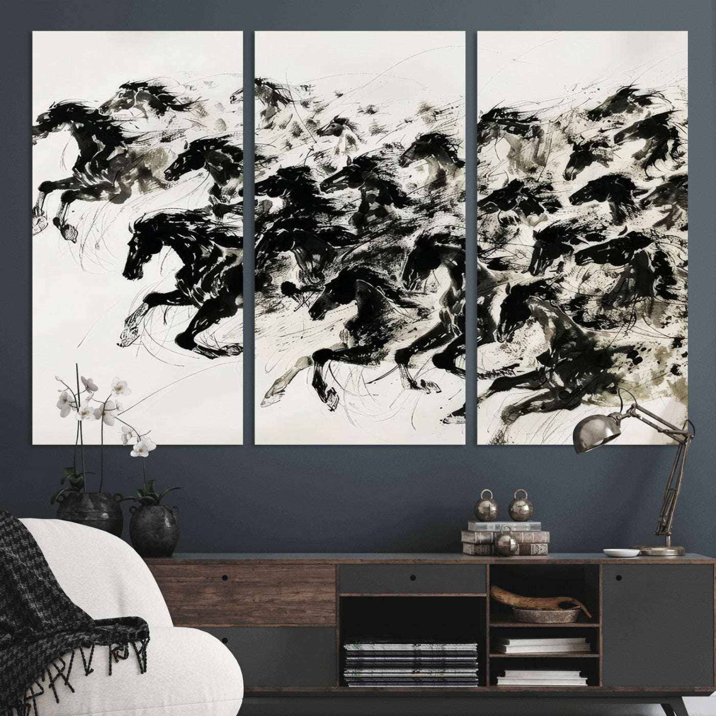MGV-CV-48X32-3P - Abstract Horse Wall Art Canvas Print - Dynamic Black Ink Horse Print - Modern Equine Wall Decor for