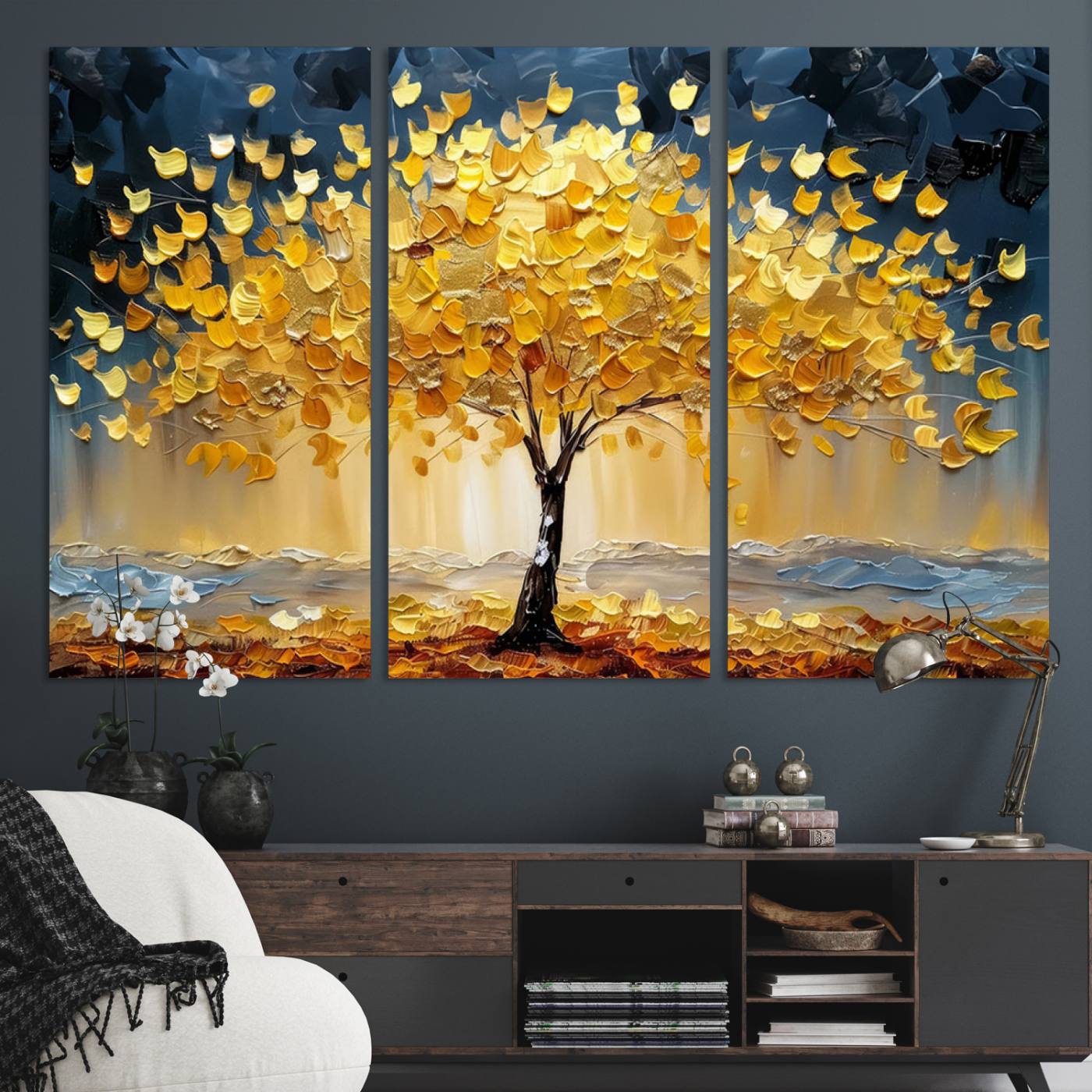 A stunning impasto painting captures the golden hues of autumn with a vibrant tree glowing against a dramatic blue and brown backdrop.
