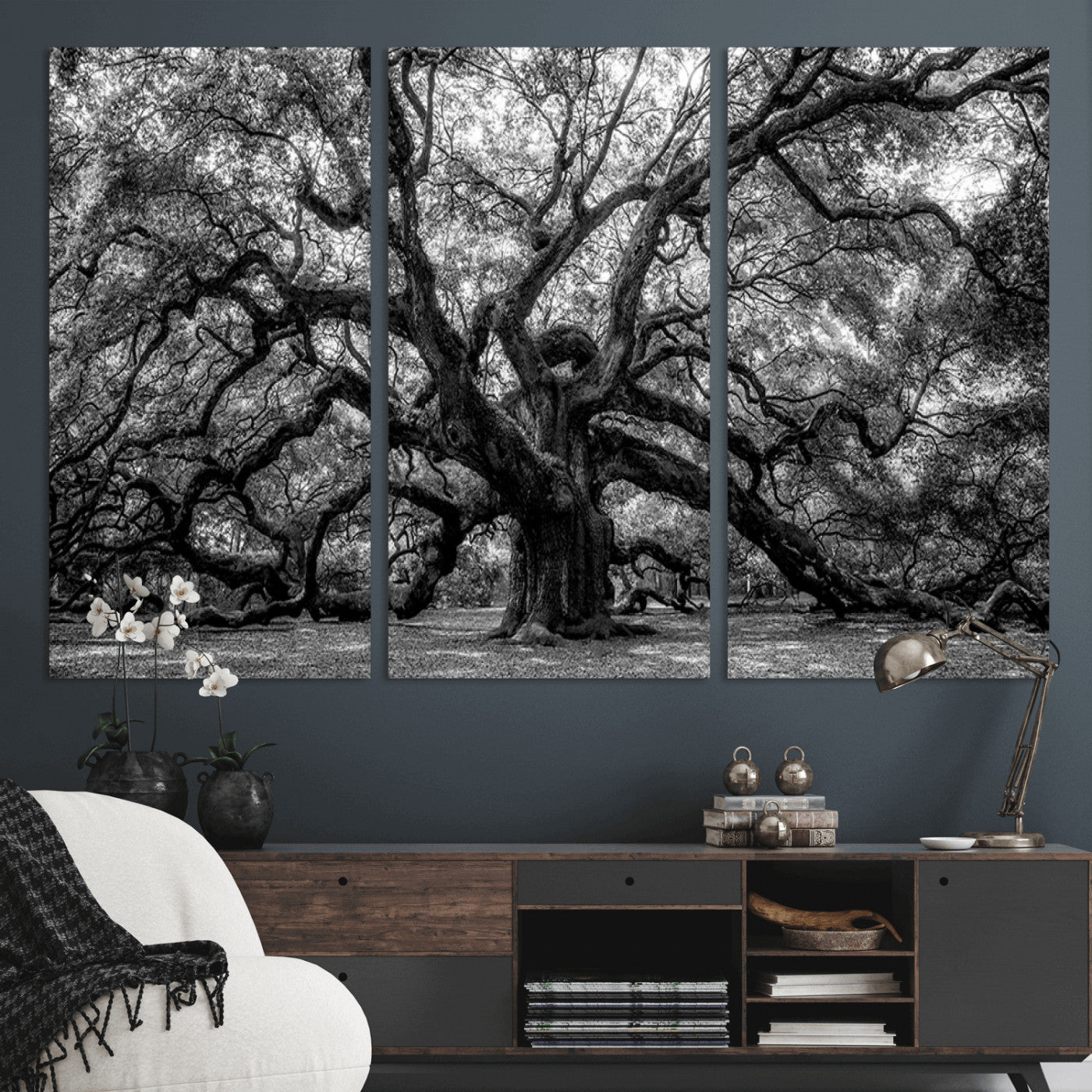 132944706-MGV-CV-48X32-3P-Black and White Old Angel Oak Tree Wall Art Canvas Print