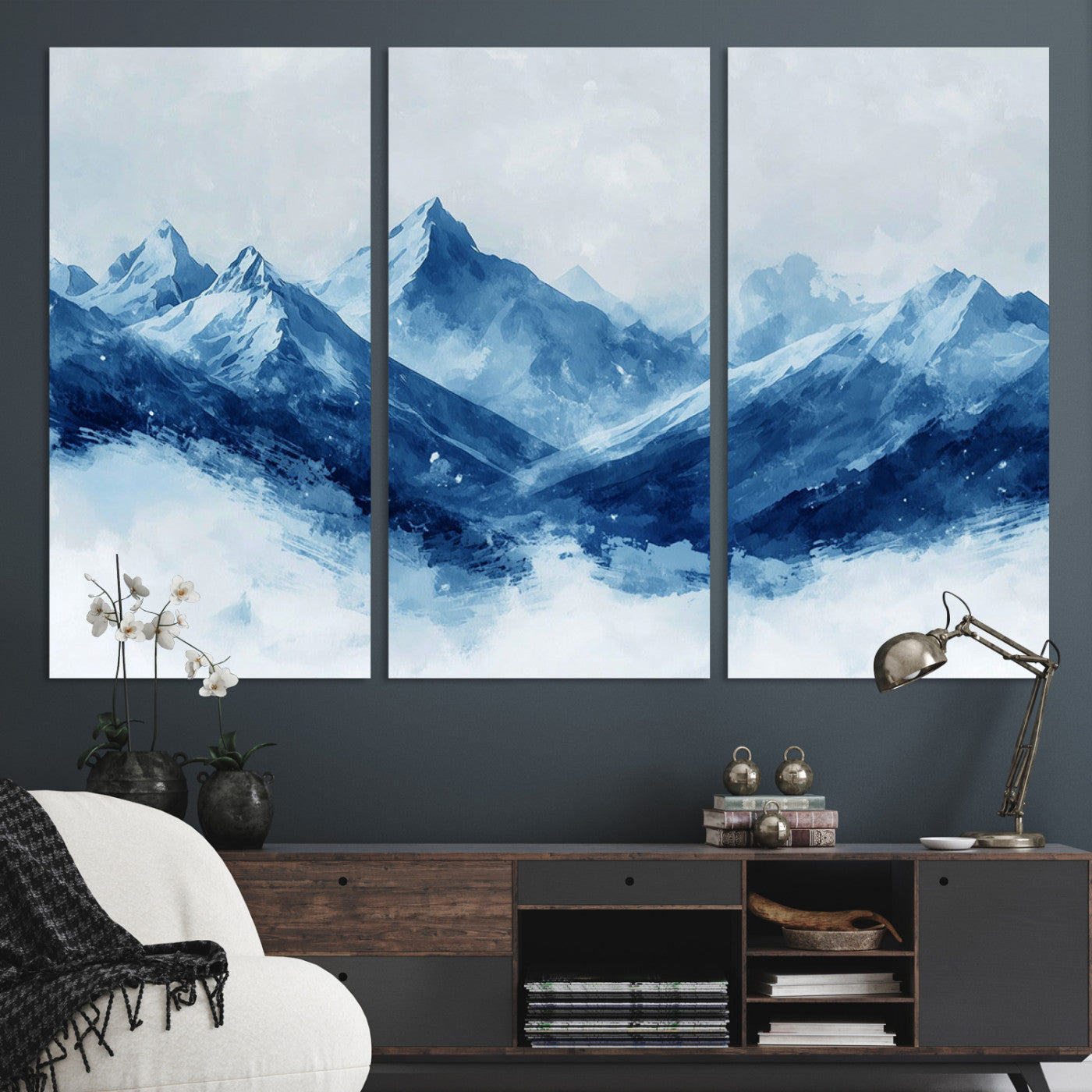 Peaceful watercolor-style painting of snowy blue mountains in soft tones, perfect for winter-themed or minimalist wall decor.