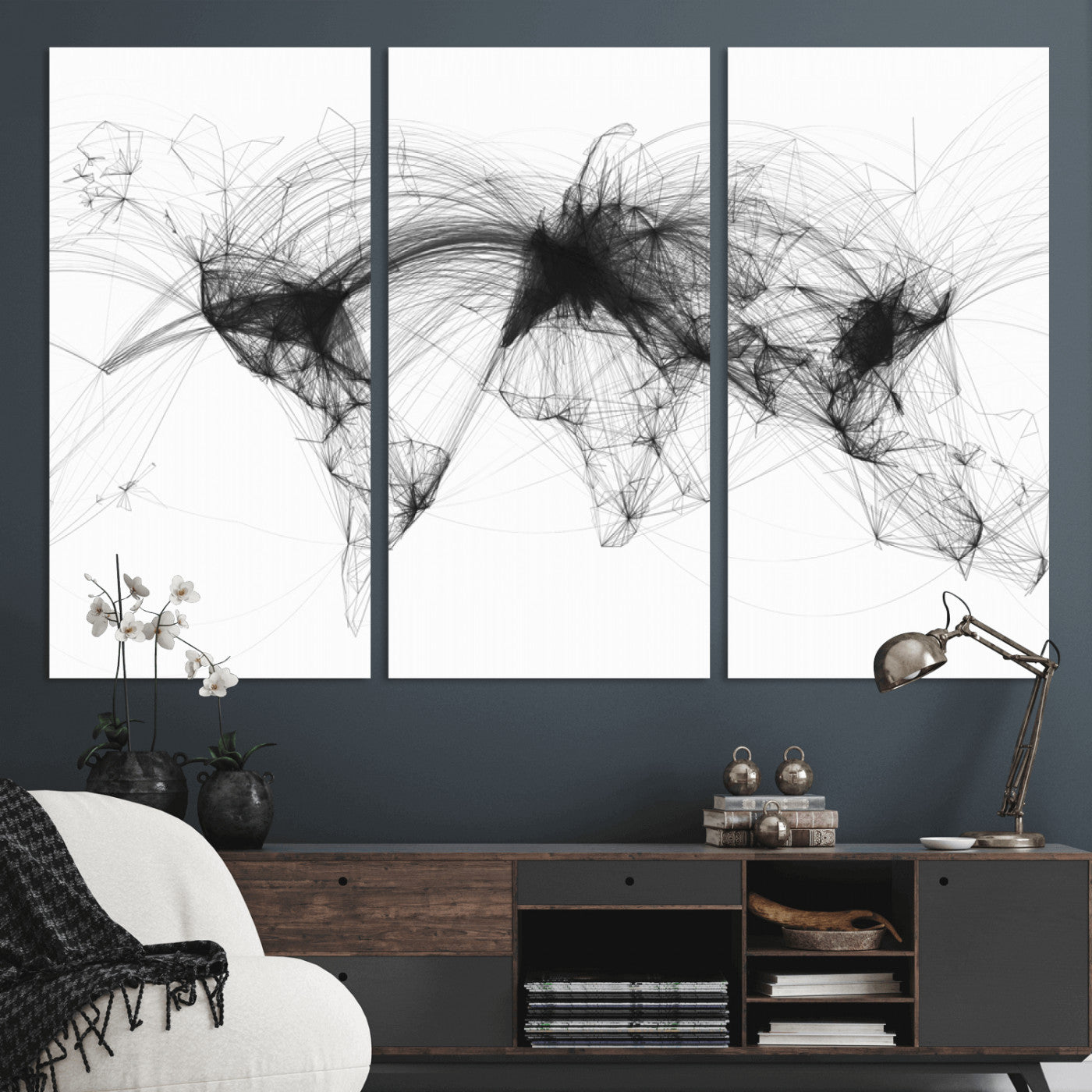 Black-Flight-Routes-MGV-CV-48X32-3P-Flight Routes Air Traffic Map Canvas Wall Art - Framed - Ready to Hang