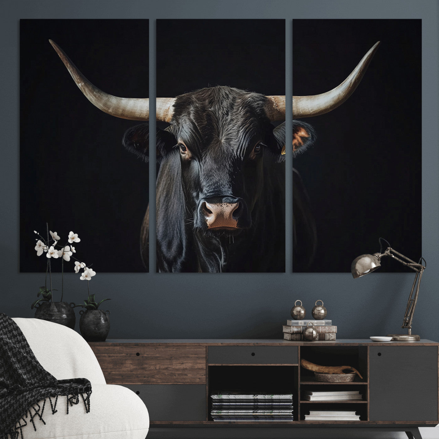 Canvas of a black longhorn bull against a dark background, featuring moody tones and western character for rustic or cowboy-inspired spaces.