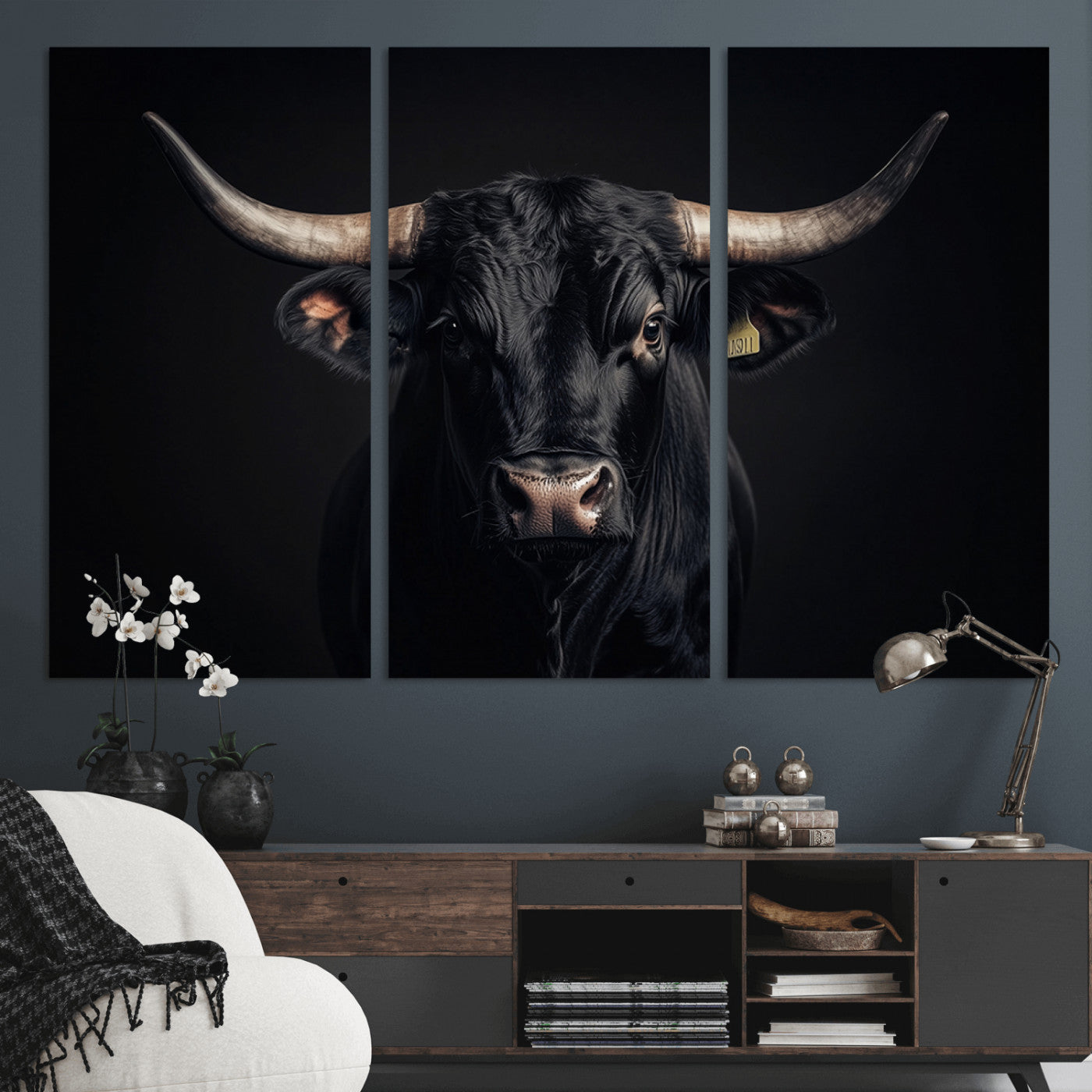 MGV-CV-48X32-3P - Black Bull Wall Art – Framed Horned Bull Canvas Artwork, Western Cattle Design, Rustic Ranch Style Decor for Home, Office
