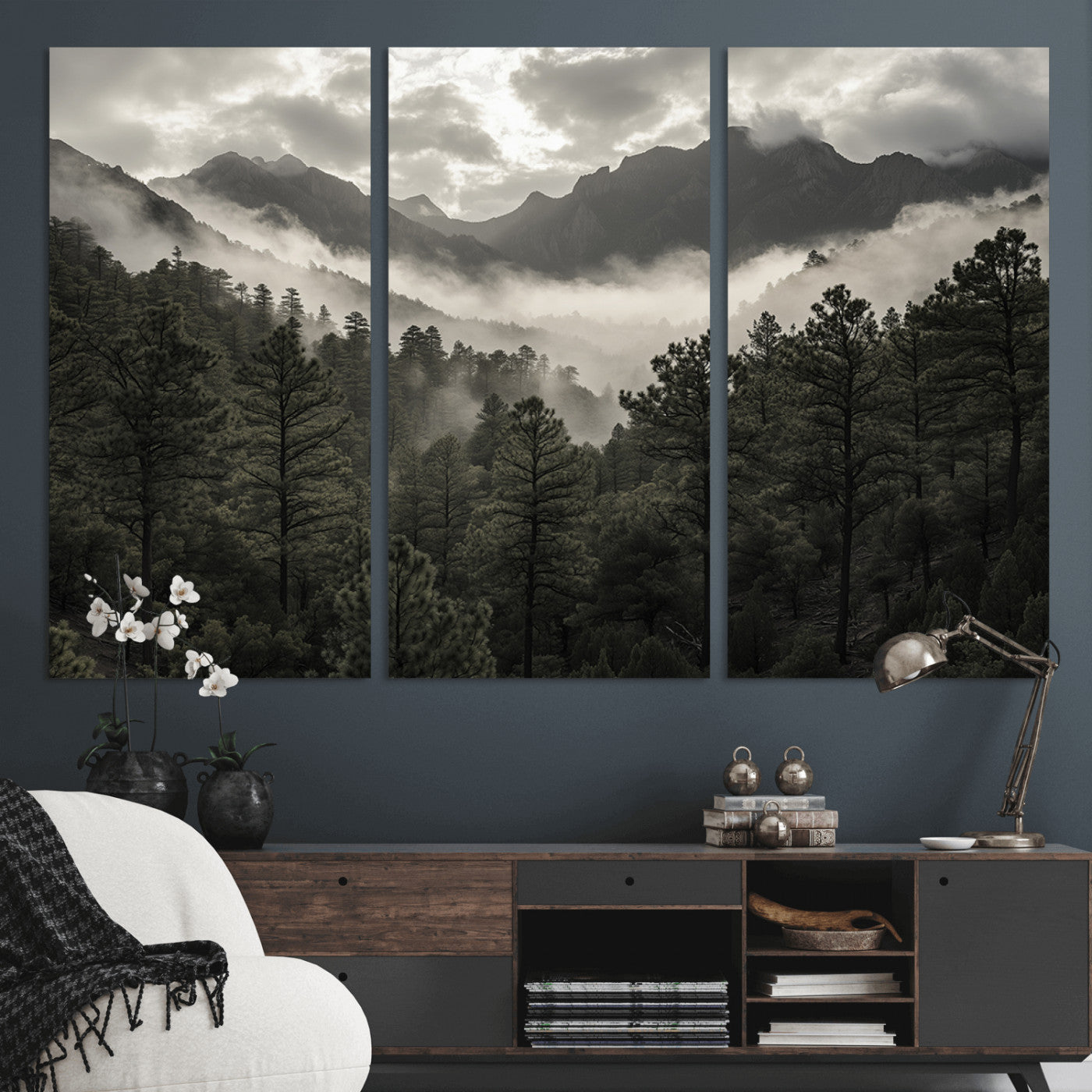 MGV-CV-48X32-3P - Misty Mountain Forest Wall Art – Canvas Print of Cloudy Peaks, Tranquil Pines, Enchanted Landscape, Majestic Nature Decor for Home or Office