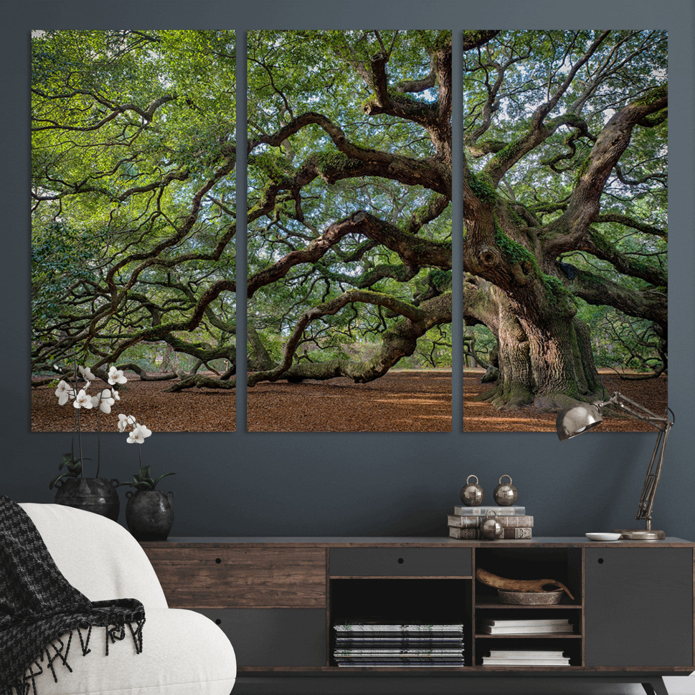 MGV-CV-48X32-3P - Ancient Oak Tree Wall Art – Canvas Print of Expansive Branches Lush Green Canopy, Tranquil Landscape, Majestic Nature Decor for Home or Office