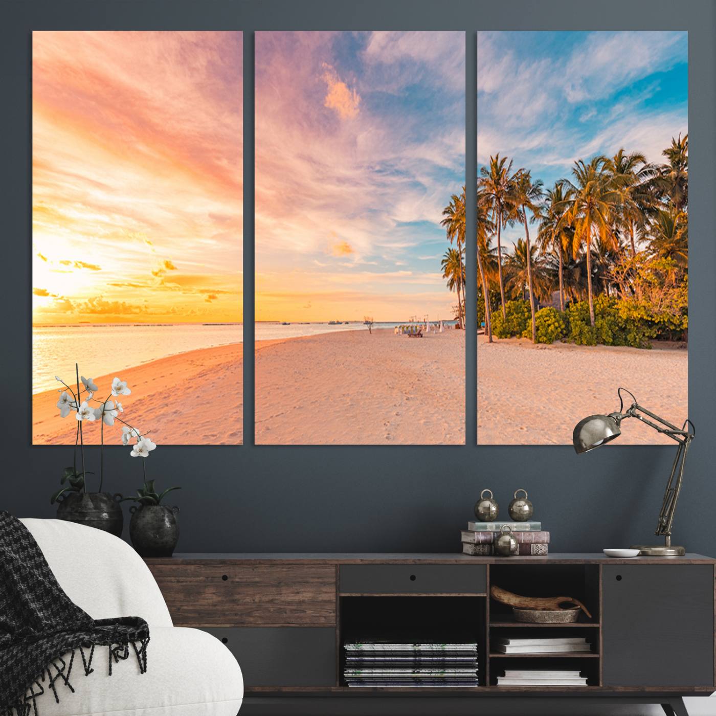 Tropical beach canvas with palm trees and soft sunset tones, ideal for coastal or beach-style home décor in warm pastel hues.