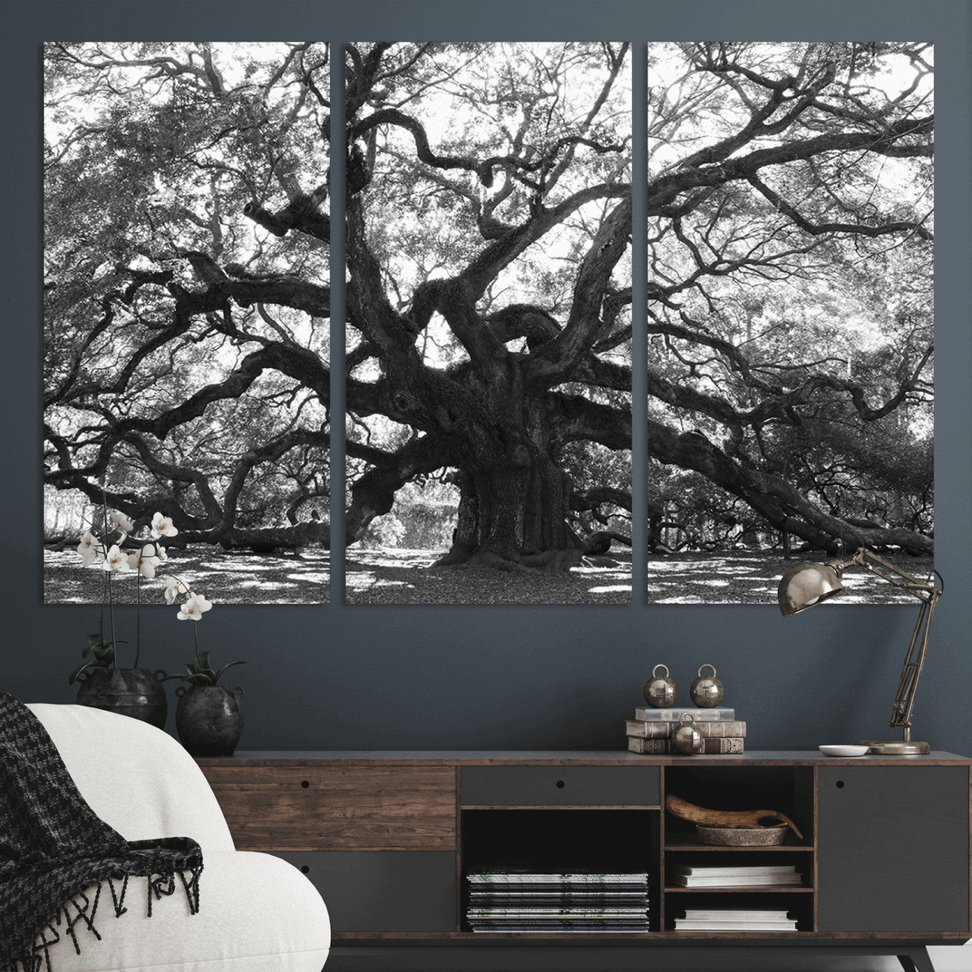 -Ancient Oak Wall Art Canvas Print, Framed Twisted Branches Art Picture Print, Gnarled Tree Perfect Moody Nature Decor Artwork