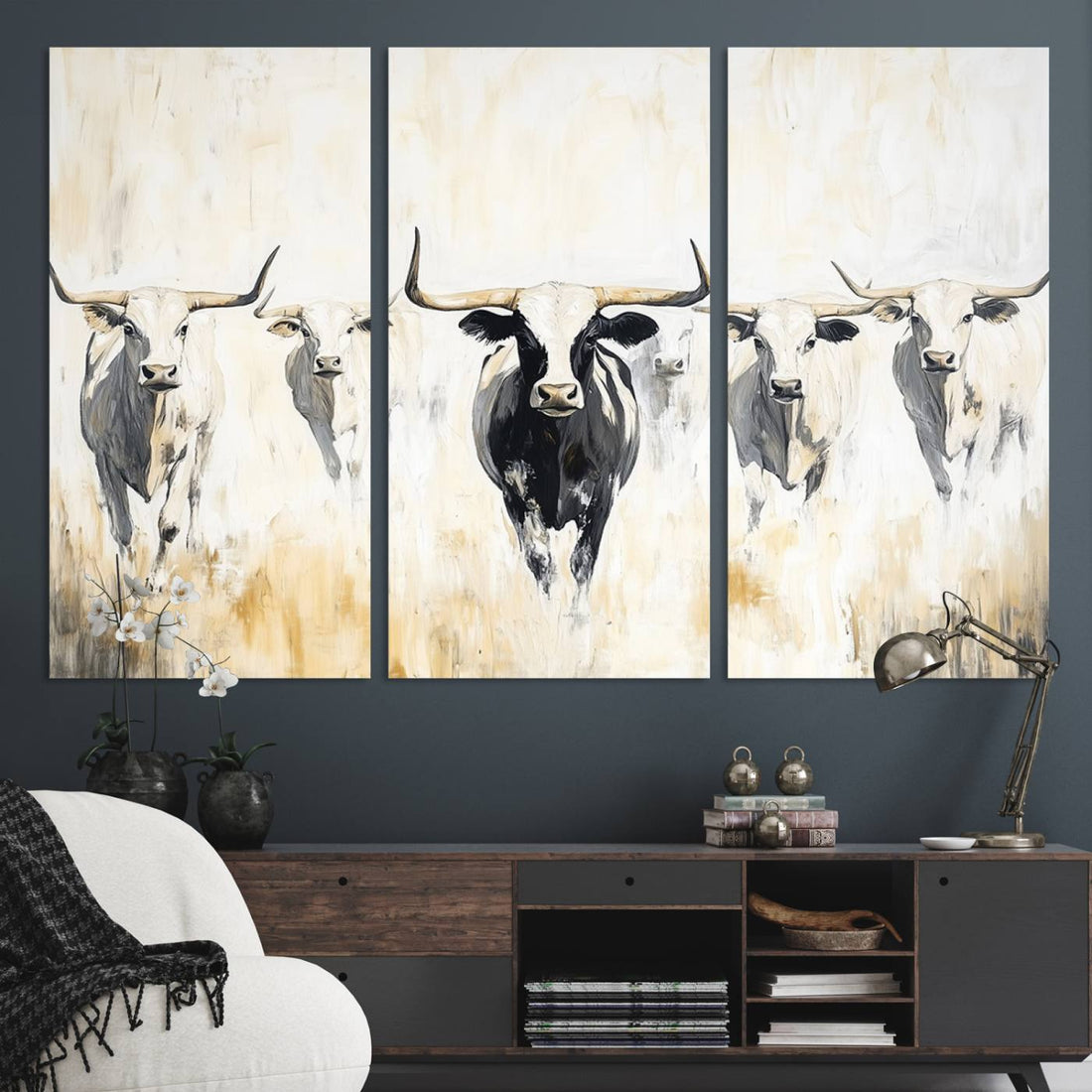 Texas Longhorn Wall Art Canvas Print | Rustic Western Bull in Neutral Tones