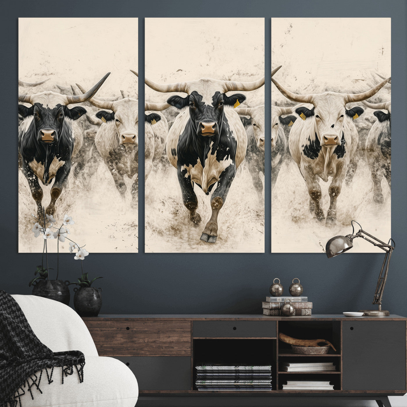 MGV-CV-48X32-3P - Cream Dust Longhorn Wall Art – Canvas Print of Western Herd Stampede, Dynamic Charge, Rustic Prairie Motion, Bold Nature Farm Decor