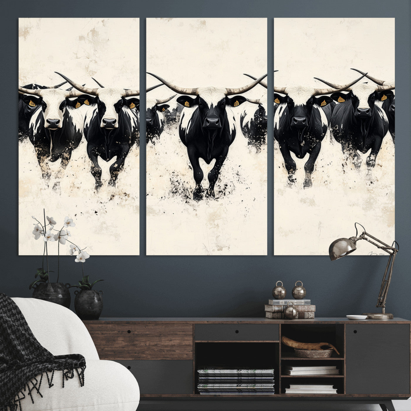 MGV-CV-48X32-3P - Longhorn Cattle Wall Art – Canvas Print of Herd in Motion, Symmetry and Ink Splatter, Minimalist Western Ranch, Bold Rustic Farm Decor