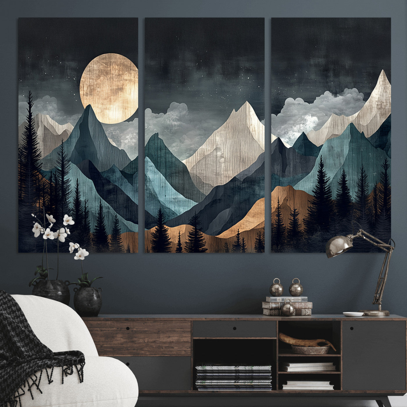 11060882-MGV-CV-36X24-Moonlit Mountain Wall Art Canvas Print – Silhouetted Pines Layered Peaks Tranquil Sky Mist Silver Light Nature Artwork for Home