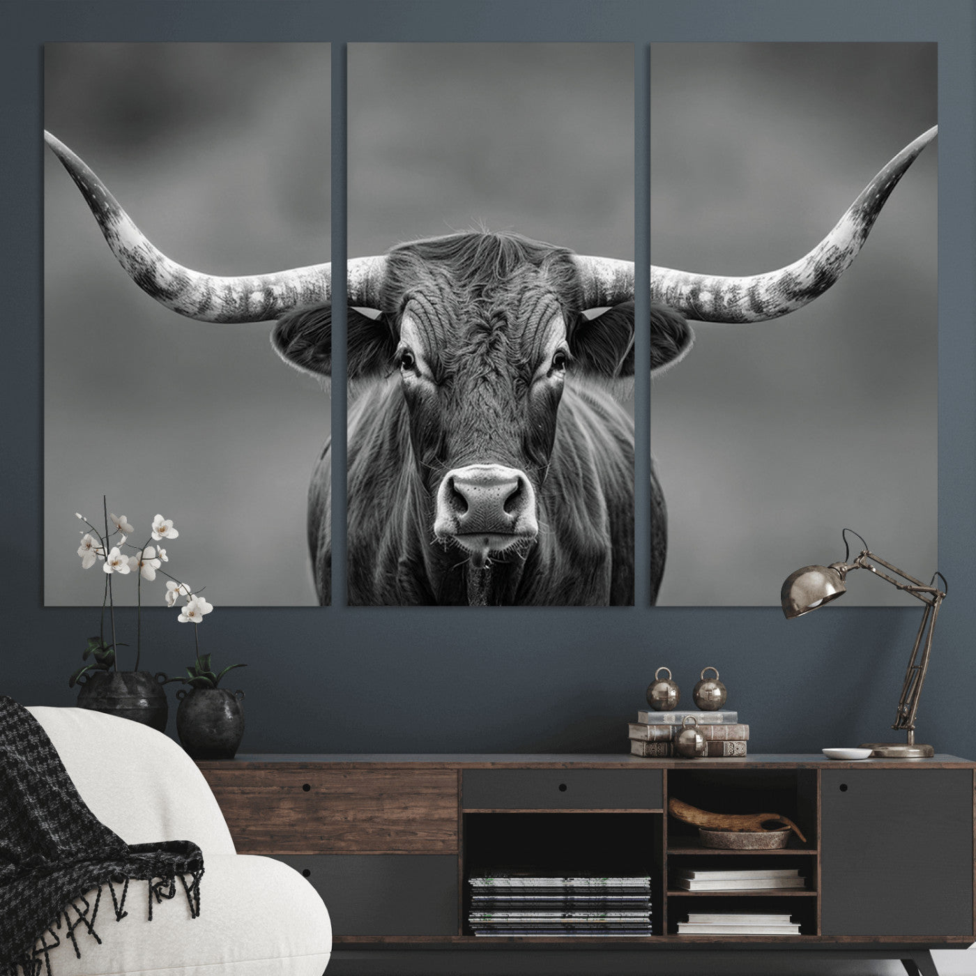 81228550-MGV-CV-36X24-Texas Longhorn Wall Art Canvas Print – Framed Western Bull Ranch Photography Rustic Country Farm Decor Artwork for home, office