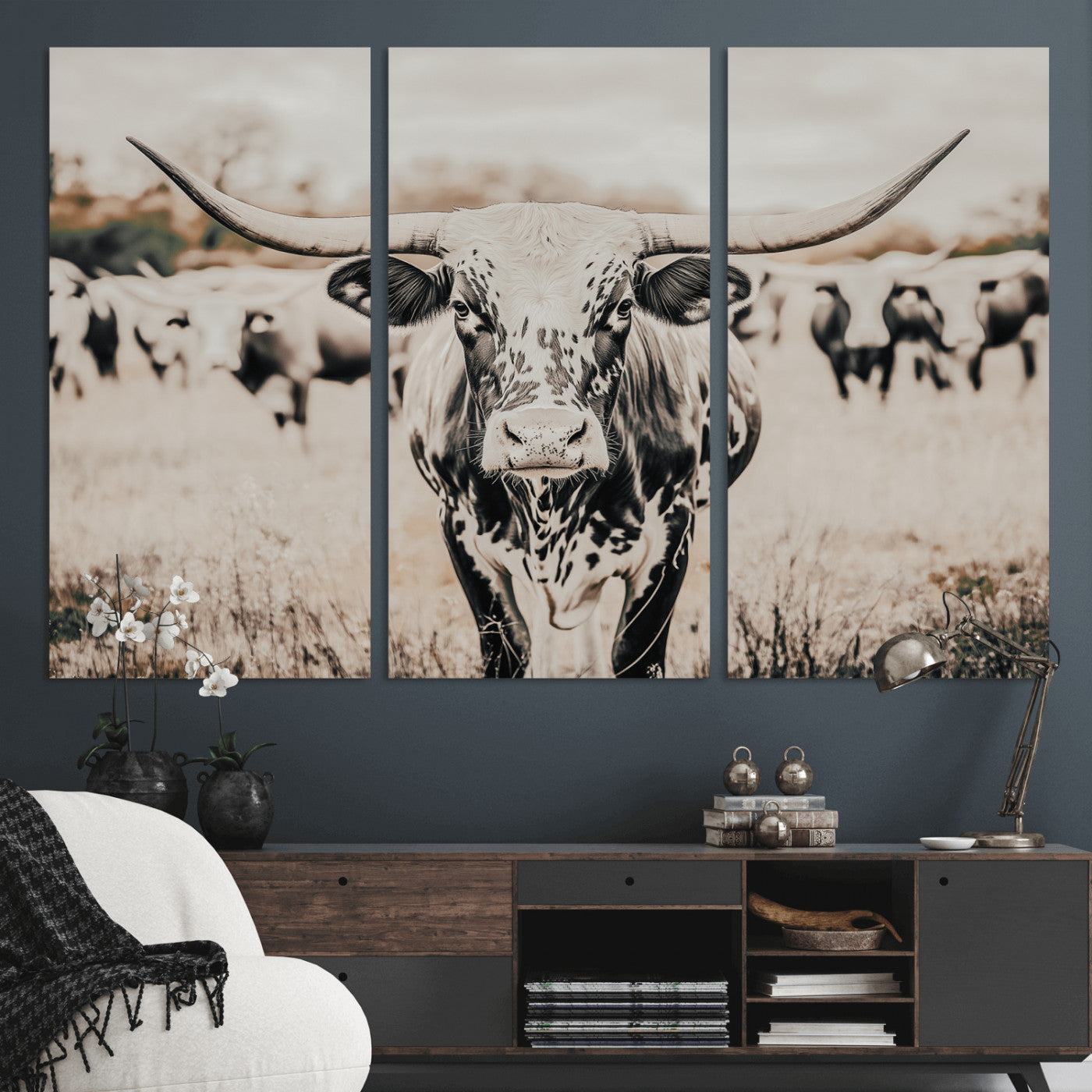 27497342-MGV-CV-48X32-3P-Texas Longhorn Wall Art Canvas Print – Framed Speckled Bull Horned Cattle Rustic Western Artwork for Home Office
