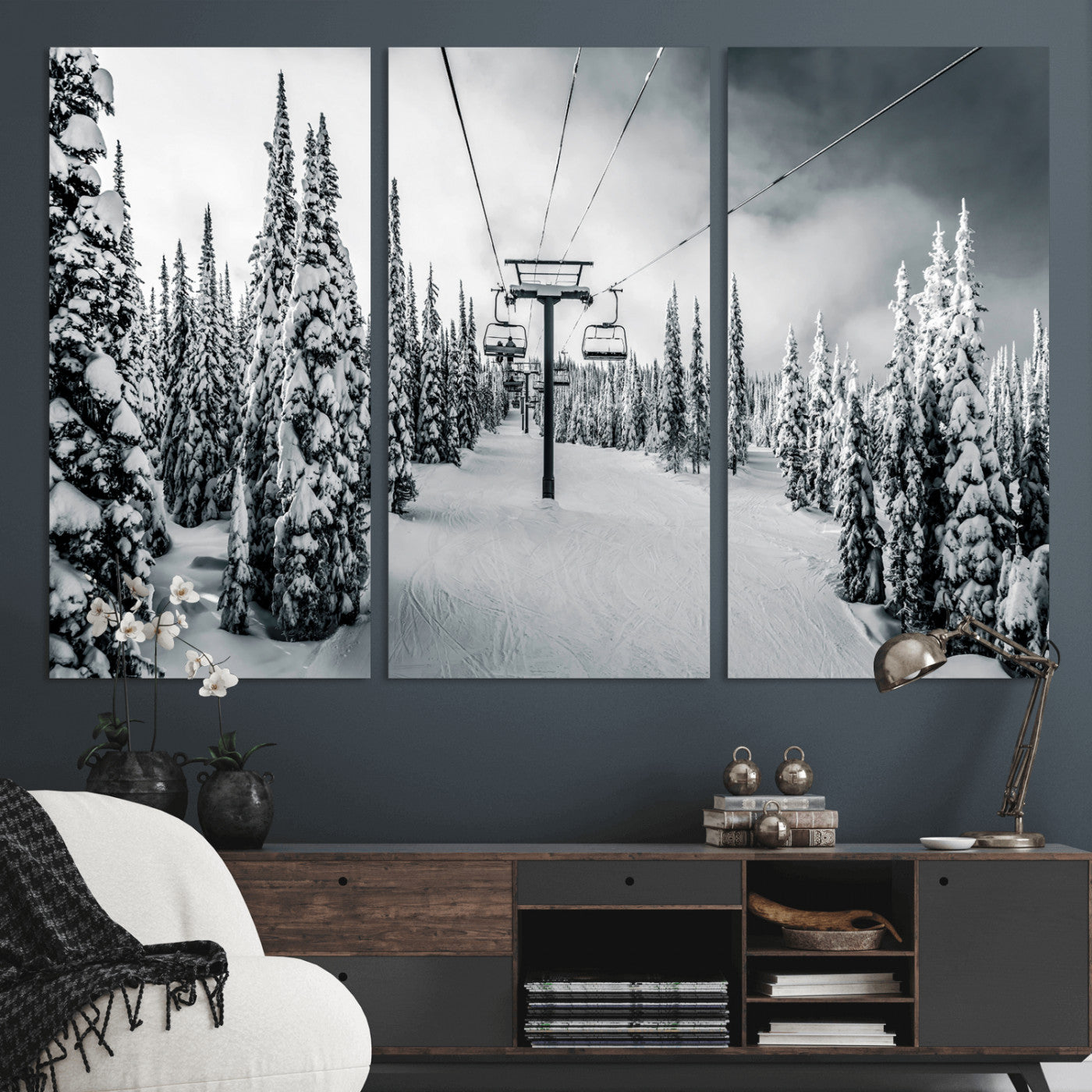 31156828-MGV-CV-36X24-Snowy Pines Wall Art Canvas Print – Framed Ski Lift Winter Forest Snowy Landscape Moody Lodge Artwork for Home, Office