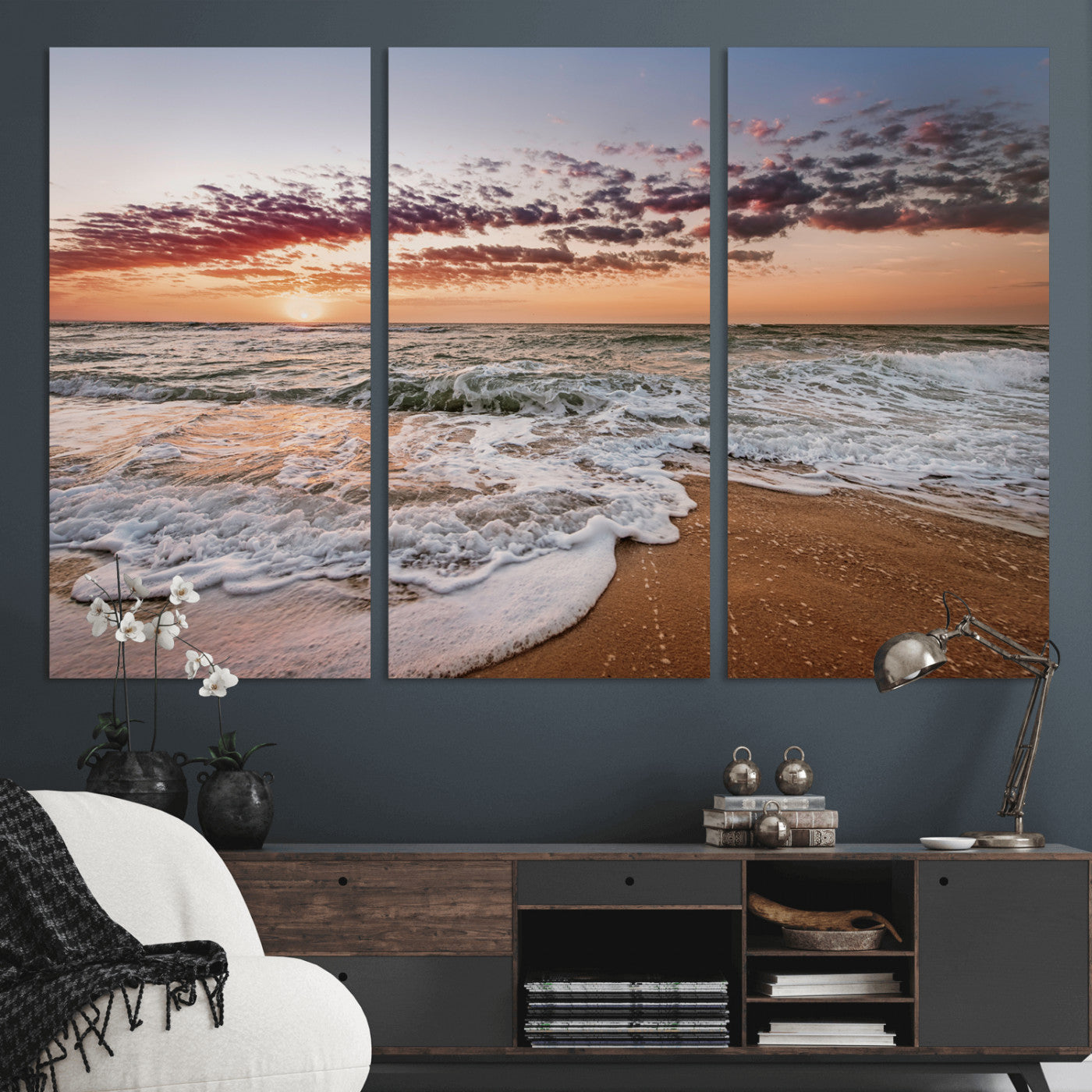 39846389-MGV-CV-36X24-Ocean Sunset Wall Art Canvas Print – Framed Sandy Shore Gentle Waves Coastal Landscape Minimalist Artwork for Home, Office