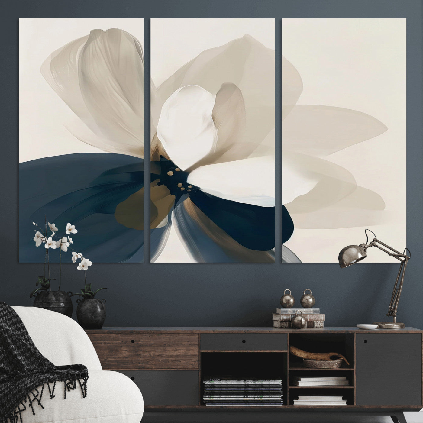 42188901-MGV-CV-48X32-3P-Minimal Flower Wall Art Canvas Print, Framed Flower Drawing Art Picture Print, Beige Bloom Perfect Modern Botanical Decor Artwork