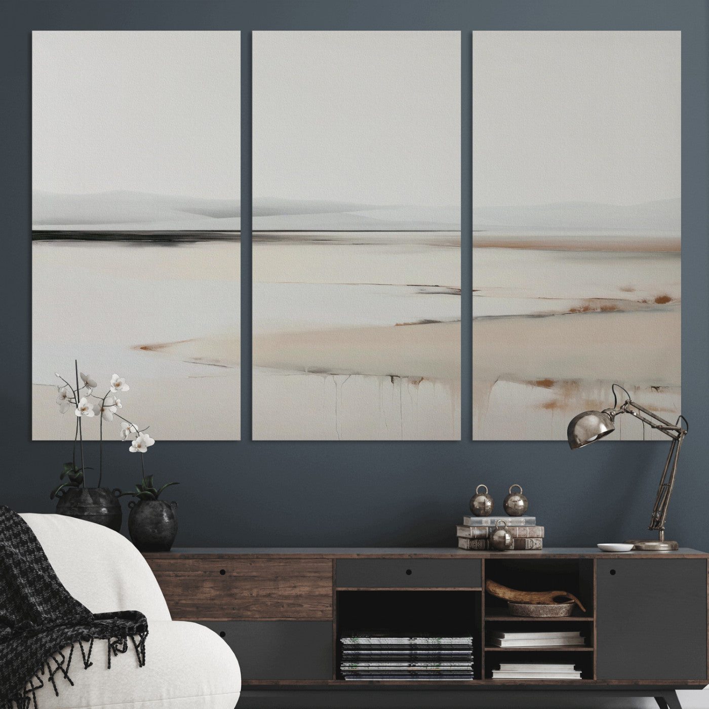 89410095-MGV-CV-36X24-Minimalist Landscape Wall Art Canvas Print – Framed Soft Horizon Abstract Seascape Earthy Tones Artwork for Home Office