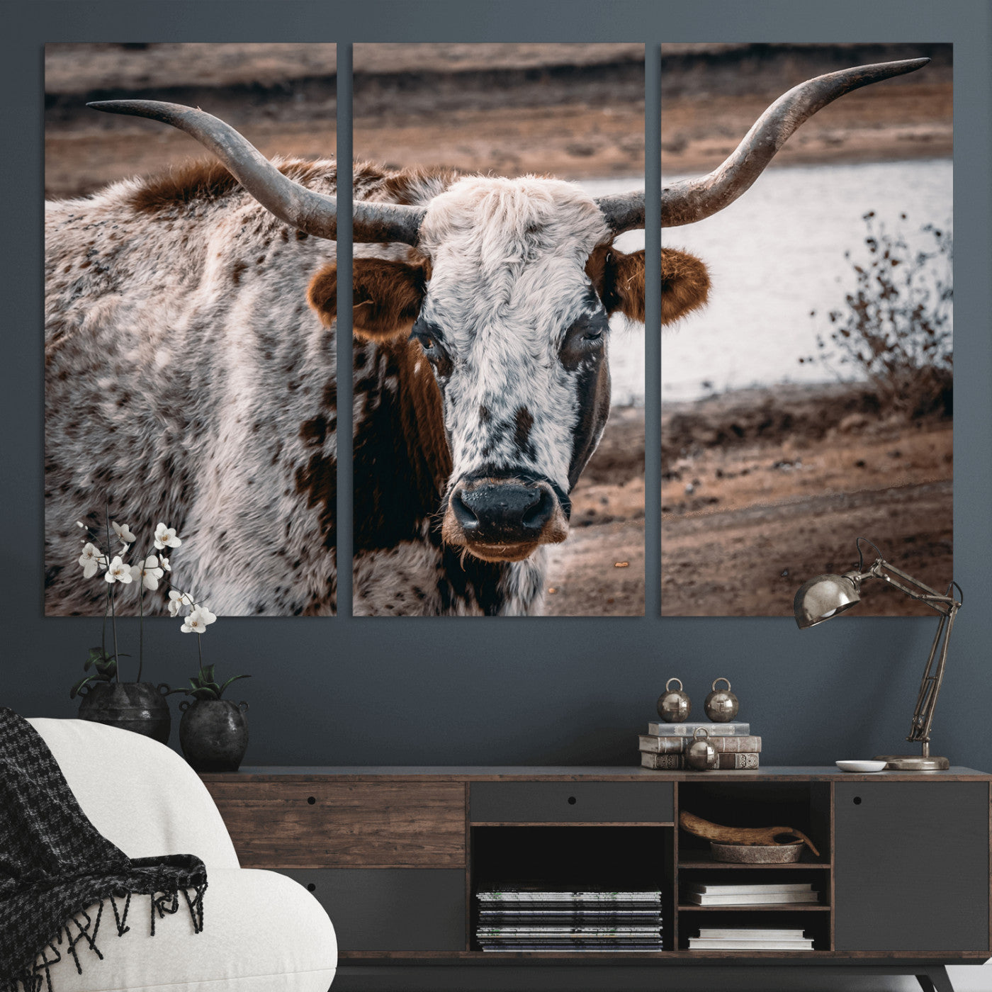 58386760-MGV-CV-48X32-3P-Texas Longhorn Wall Art Canvas Print, Framed Spotted Cow Art Picture Print, Horned Cattle Perfect Rustic Western Decor Artwork