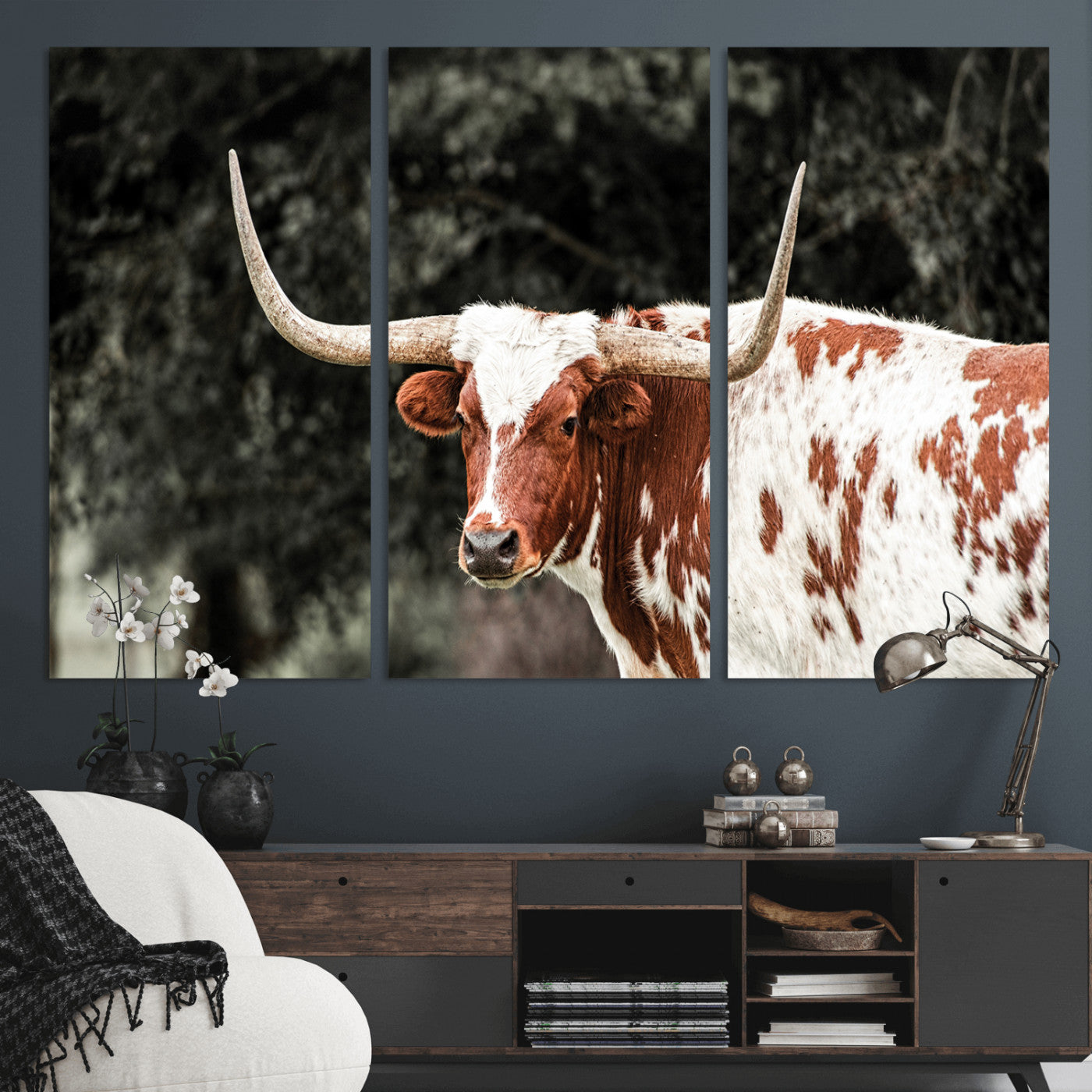 54027638-MGV-CV-48X32-3P-Texas Longhorn Wall Art Canvas Print – Framed Spotted Bull Horned Cattle Rustic Western Decor Artwork for Home, Office