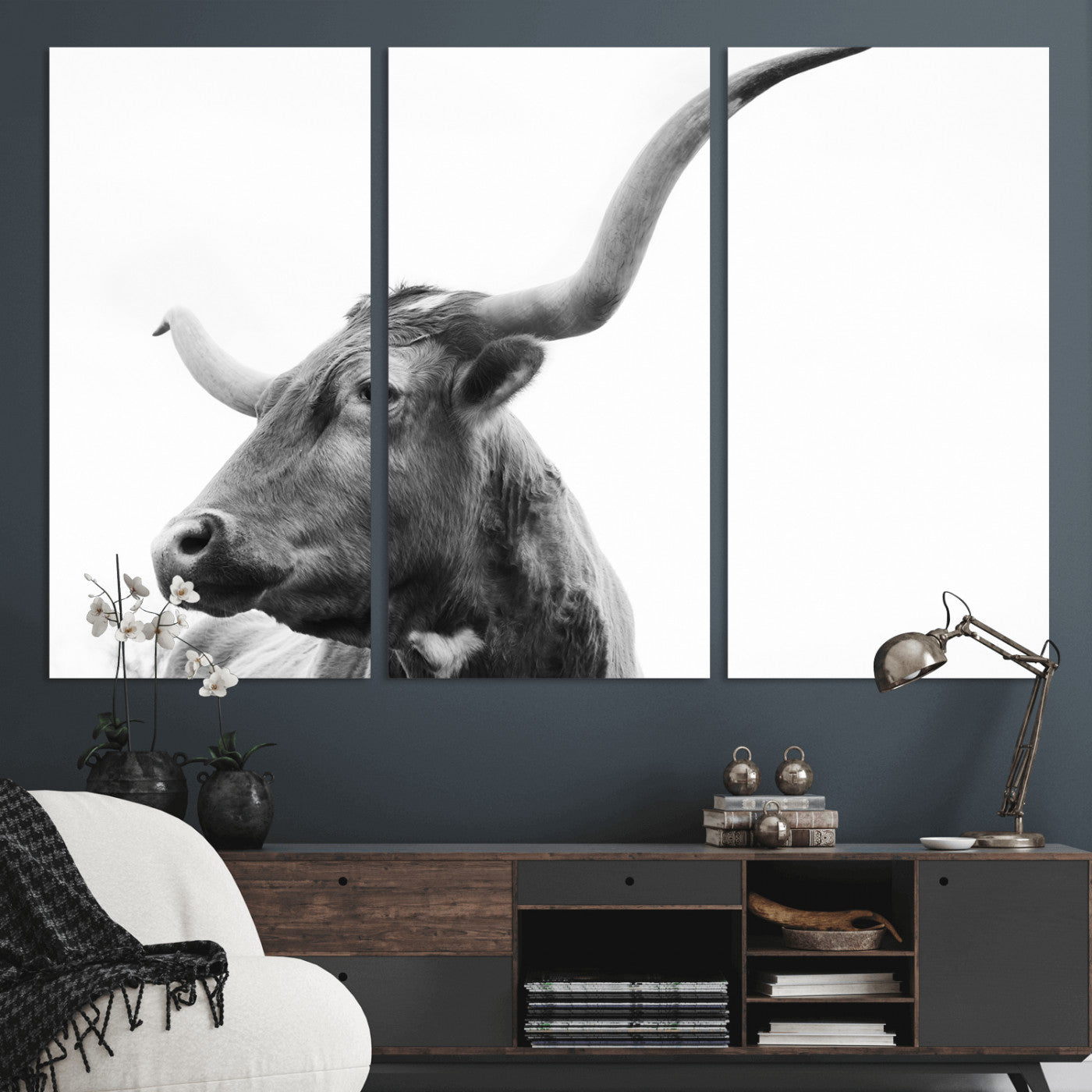 -Longhorn Wall Art Wall Art Canvas Print, Framed Modern Ranch Style Art Art Picture Print, Monochrome Cow Print Perfect Rustic Western Decor Artwork