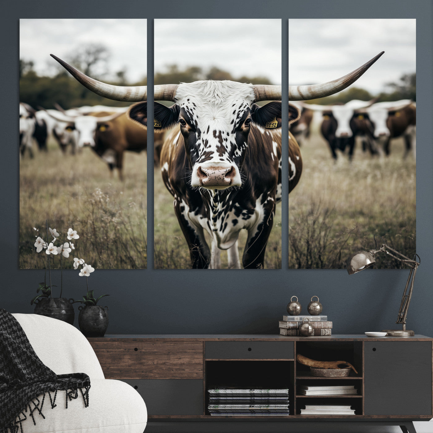 MGV-CV-48X32-3P - Majestic Longhorn Cow Wall Art – Canvas Print of Intricate Fur & Sharp Horns Earthy Tones Serene Landscape, Rustic Charm Decor for Living Room, Office or Bedroom