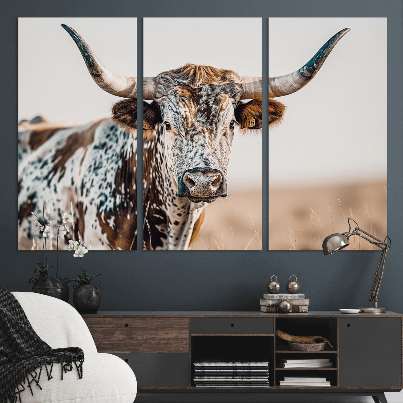70414966-MGV-CV-48X32-3P - Majestic Longhorn Wall Art – Canvas Print of Strong Stance Intricate Fur & Sharp Horns Rustic Elegance & Timeless Wild Beauty Decor for Living Room, Office or Bedroom