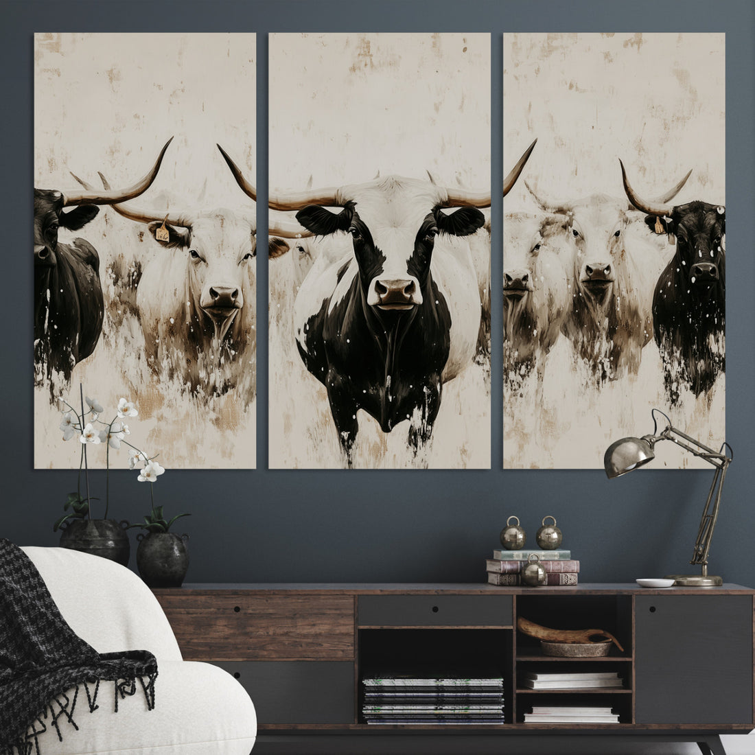 Longhorn Cattle Wall Art Canvas Print, Framed Cattle Herd Rustic Farmhouse Art