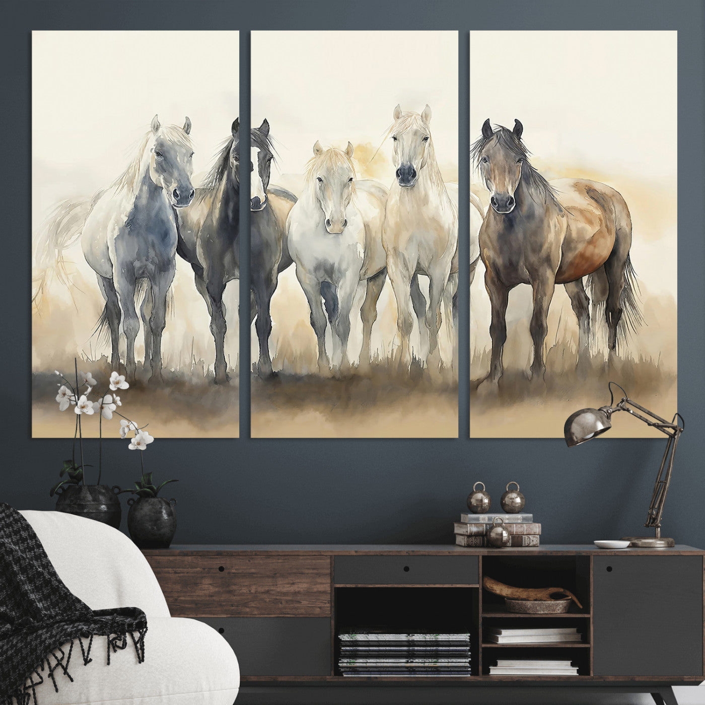 MGV-CV-48X32-3P - Wild Horses Wall Art Canvas Print, Framed Running Horses Art Picture Print, Watercolor Horses Perfect Rustic Western Decor Artwork