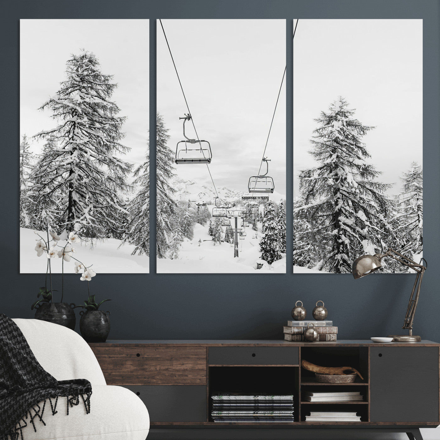 55003599-MGV-CV-36X24 - Snowy Ski Lift Wall Art – Framed Winter Forest Canvas Artwork, Peaceful Mountain Design, Modern Nature Decor for Home, Office
