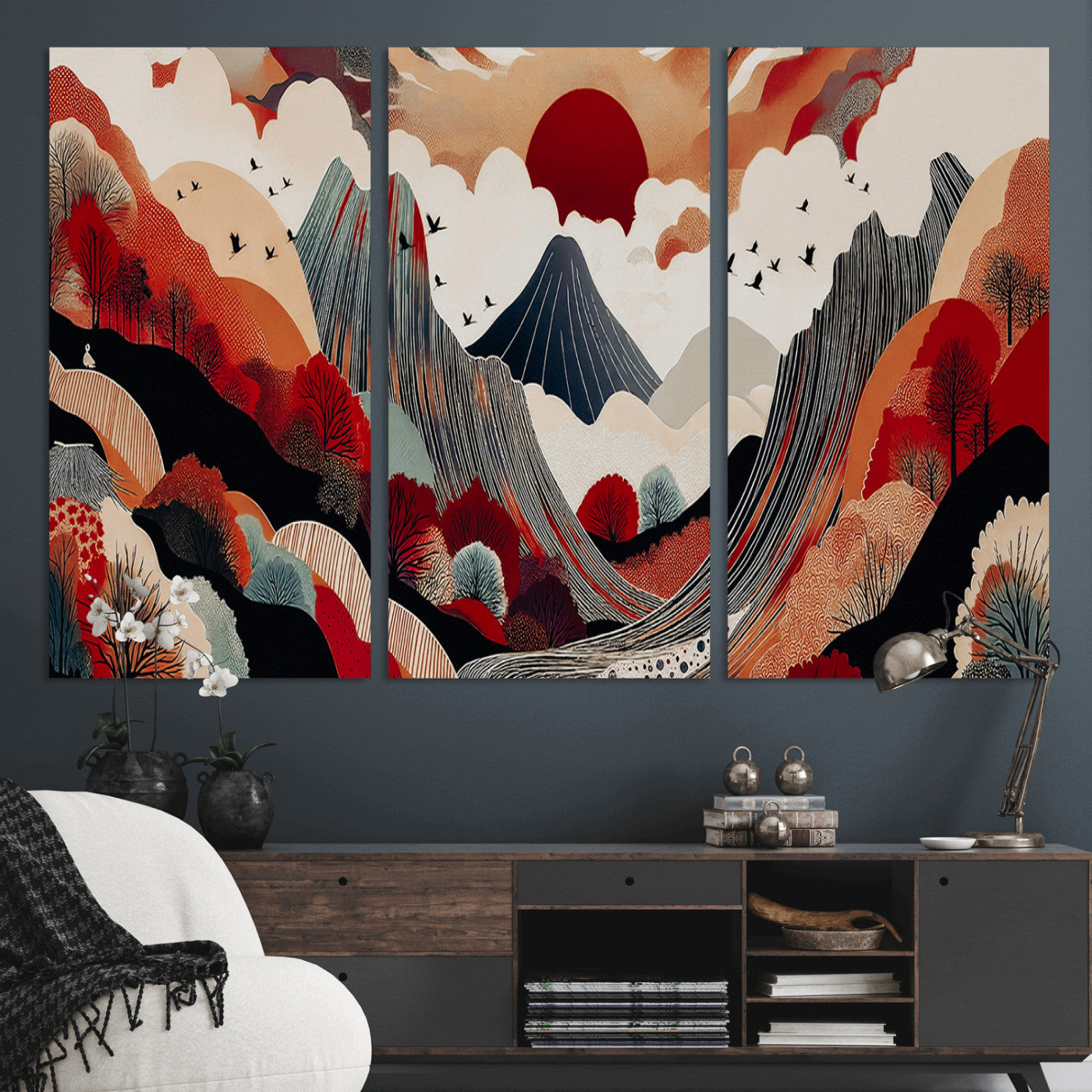 -Abstract Mountain Wall Art Canvas Print, Framed Vibrant Landscape Art Picture Print, Stylized Nature Drawing Perfect Contemporary Minimalist Decor Artwork