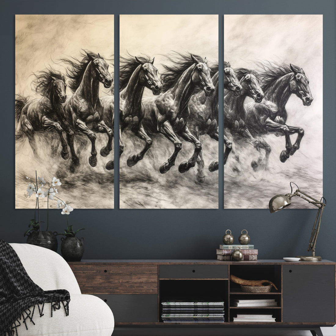 Galloping Horses Wall Art Canvas Print, Framed Wild Stallions Herd Monochrome Sketch