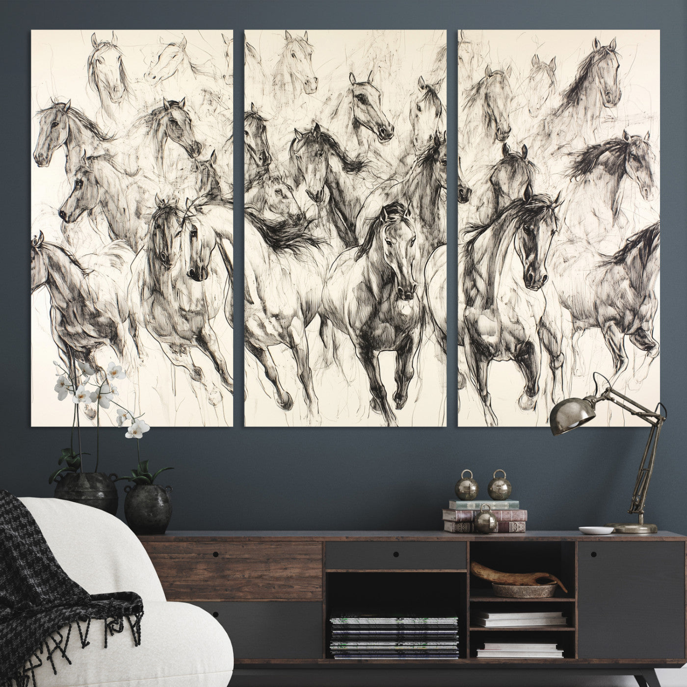 19433417-MGV-CV-36X24-Running Horses Wall Art Canvas Print – Framed Galloping Herd Dynamic Equestrian Sketch Nature Artwork for Home Office